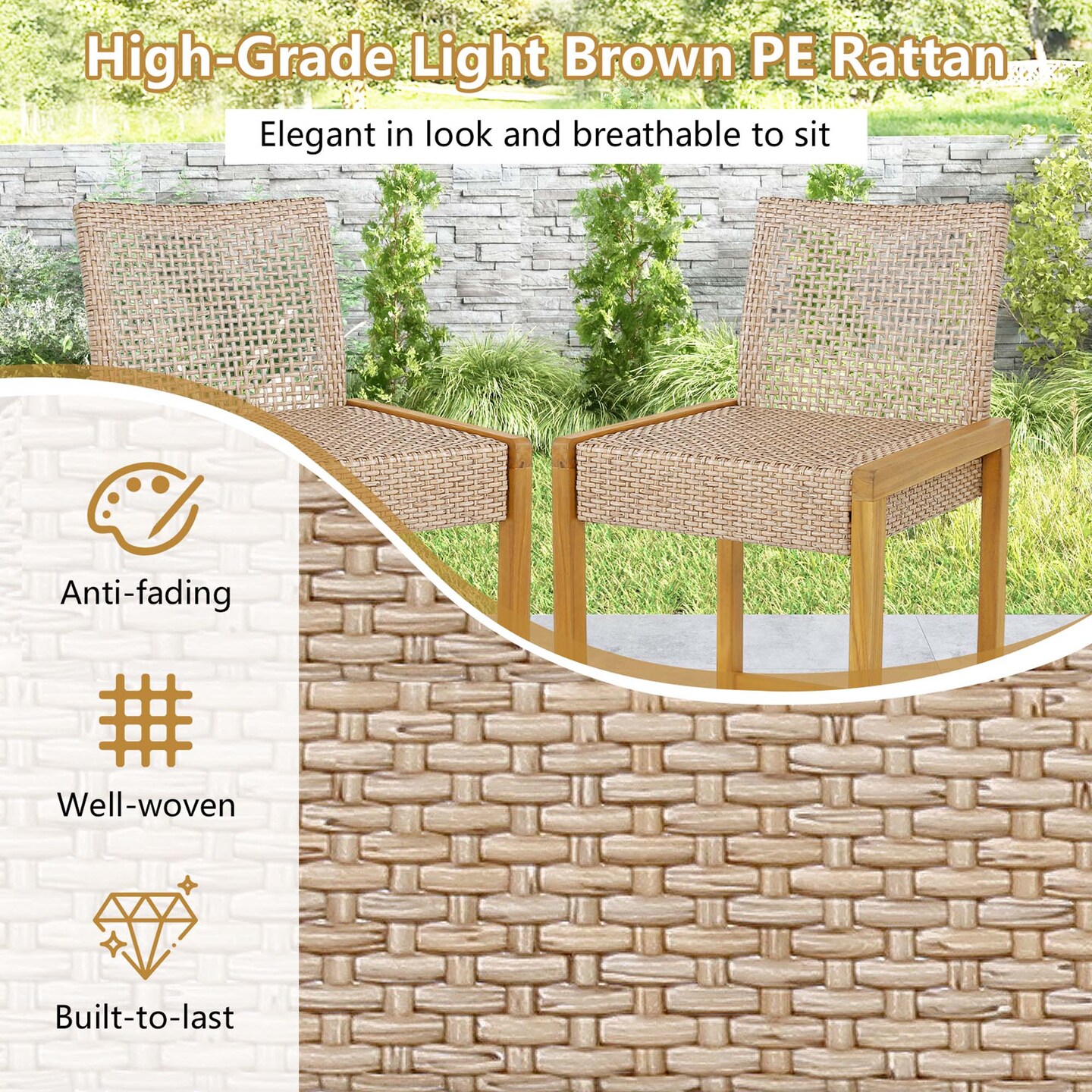 Costway Set of 4 Patio Wood Barstools Rattan Bar Height Chairs with Backrest Porch Balcony