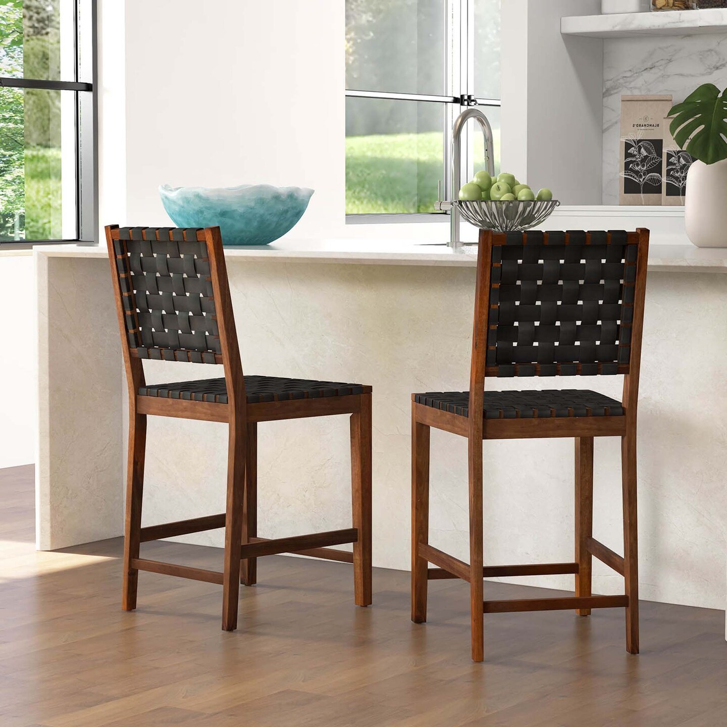 Costway Woven Bar Stools Set of 2 Counter Height Dining Chairs Faux PU Leather Kitchen