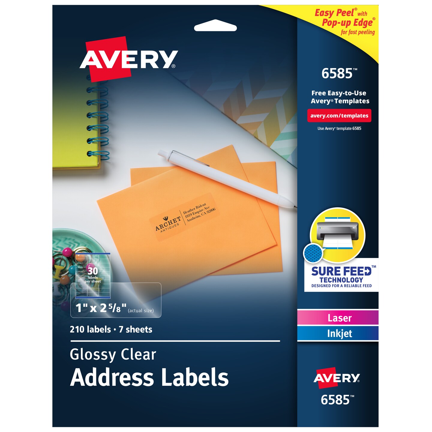 Avery Glossy Clear Address Labels, Sure Feed Technology, Laser/Inkjet, 1&#x22; x 2-5/8&#x22;, 210 Labels (6585)