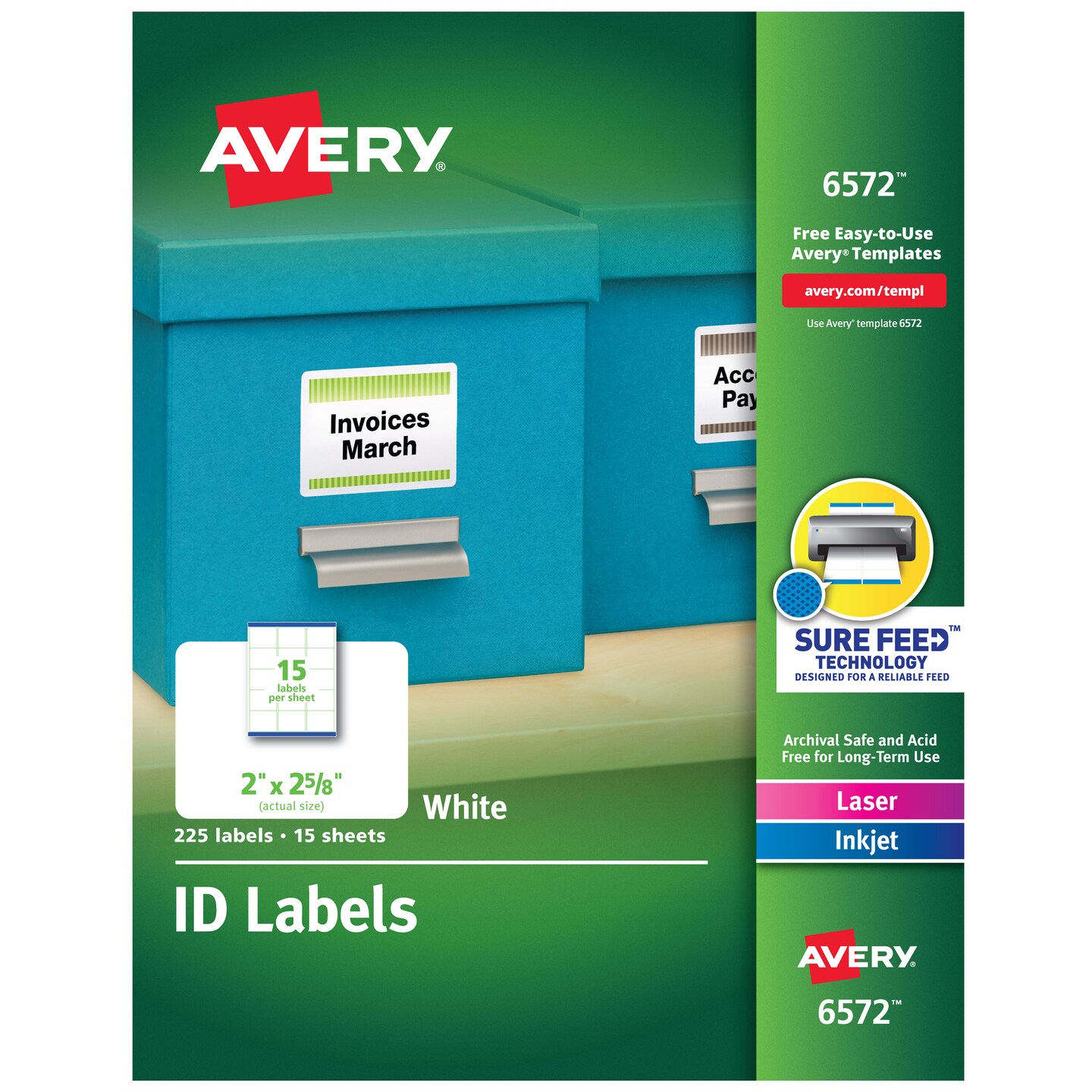Avery ID Labels, Sure Feed Technology, Permanent Adhesive, 2&#x22; x 2-5/8&#x22;, 225 Labels (6572)