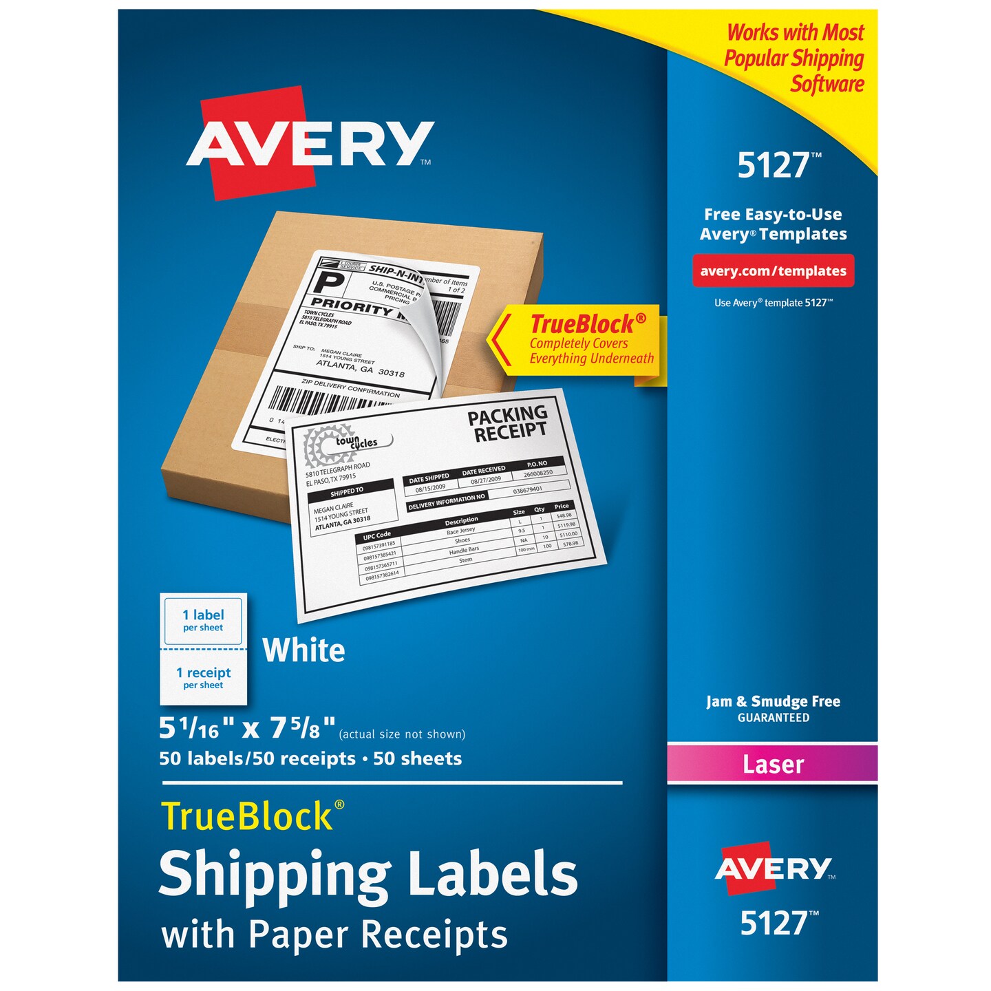 Avery Shipping Labels w/ Paper Receipts, TrueBlock Technology, Permanent Adhesive, 5-1/16&#x22; x 7-5/8&#x22;, 50 Labels (5127)