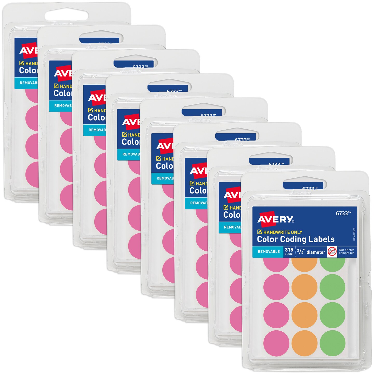 Avery Color-Coding Removable Labels, 3/4 Inch Round Labels, Assorted Neon Colors, Non-Printable, 8 Packs, 2,520 Dot Stickers Total (21933)