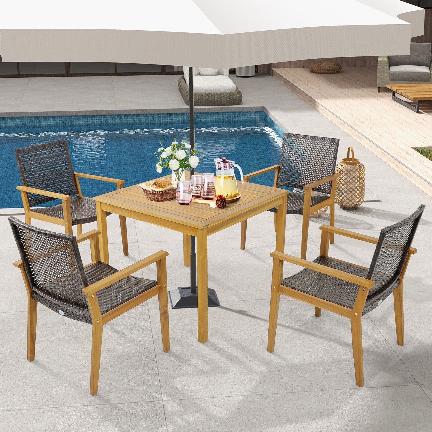 Outdoor Rattan Chair With Sturdy Acacia Wood Frame - Set Of 4