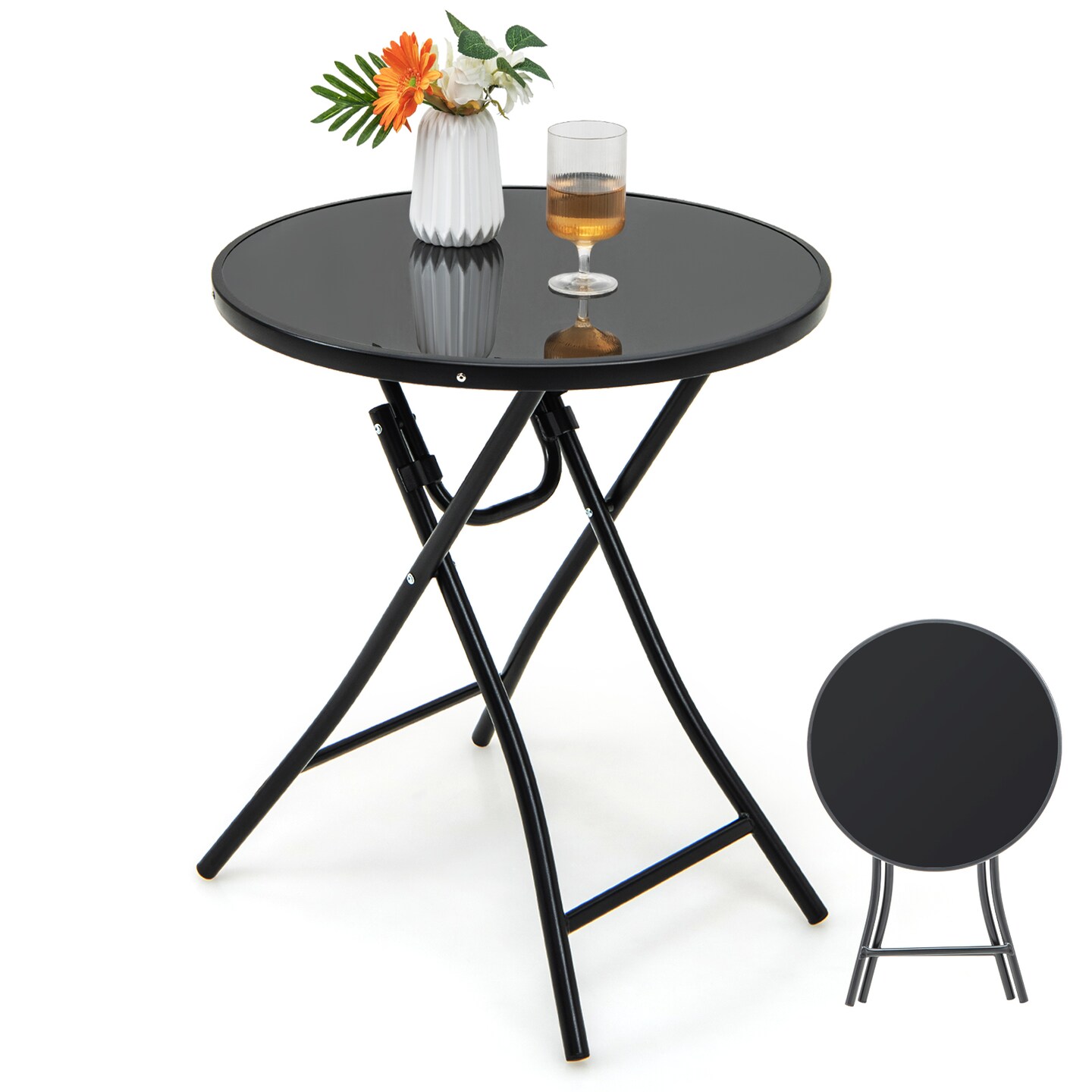23 Inch Round Bistro Table With Tempered Glass Tabletop
