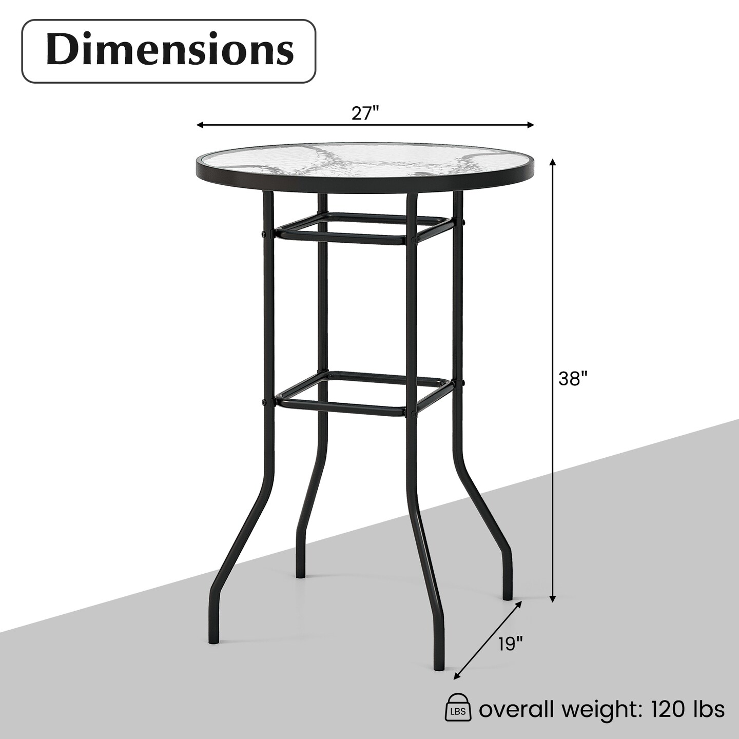 38 Inch Patio Bar Table With Tempered Glass Tabletop