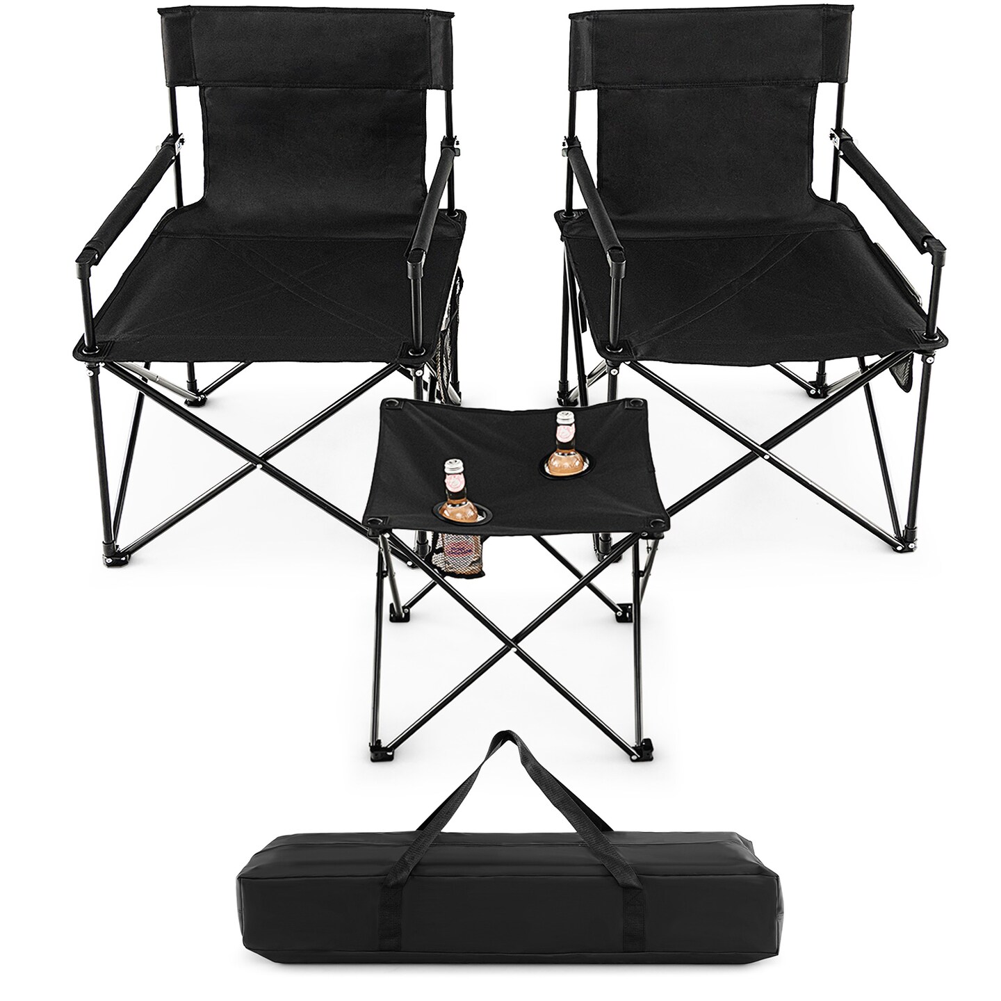 Black Folding Camping Chair Set 2 Chairs 1 Table 400 lbs Capacity with Cup Holder