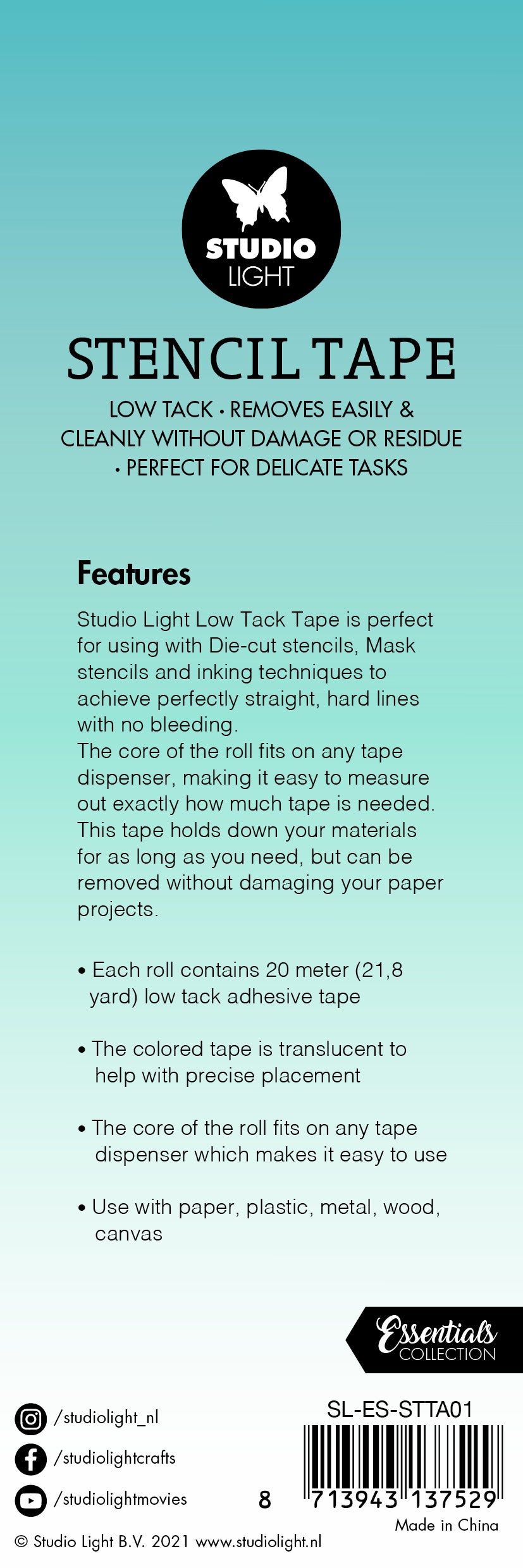 Studio Light SL Stencil Tape Low Tack 15mm Wide 3 PCS Essential Tools 40x40x15mm 20 Mt nr.01
