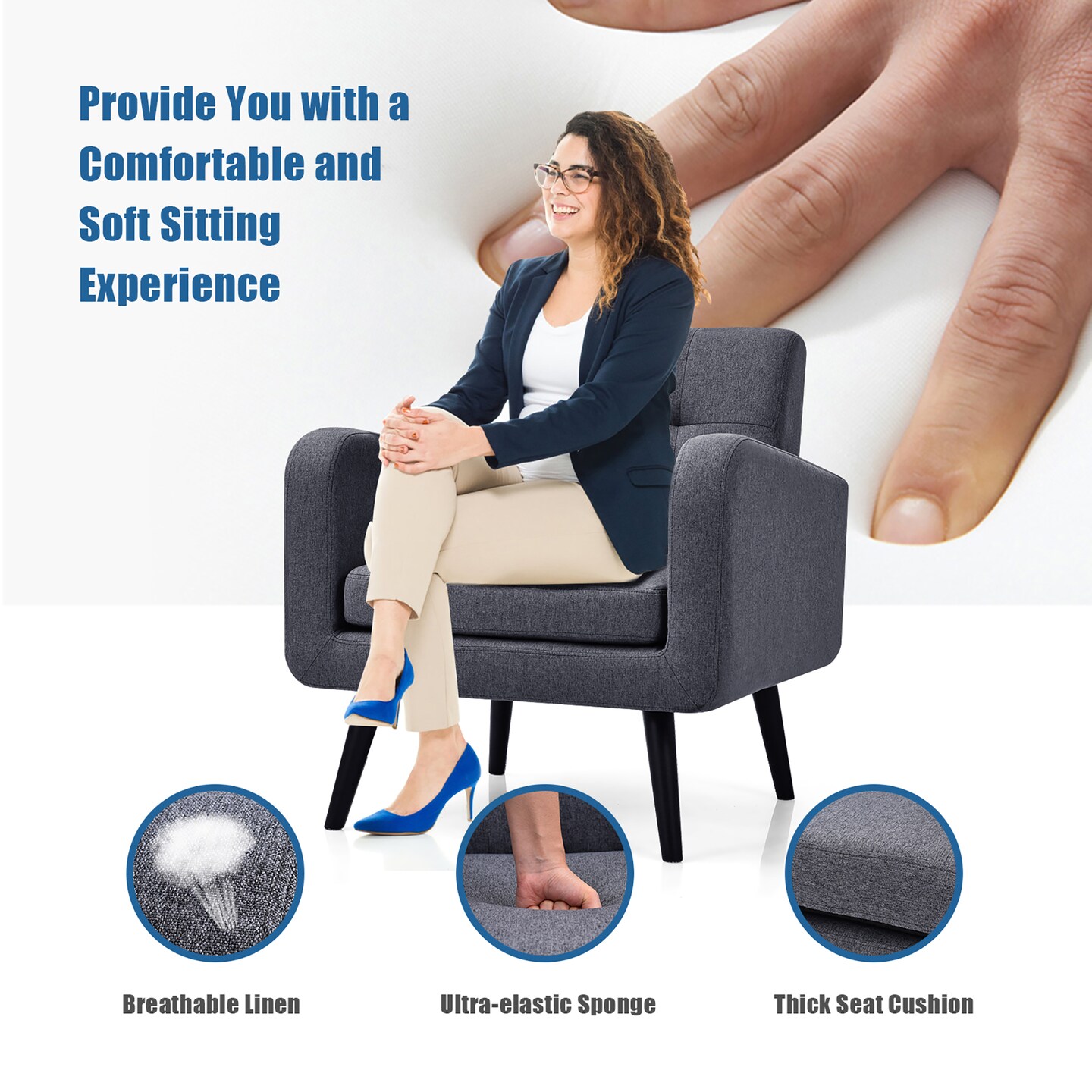 Costway Mid Century Accent Chair Fabric Arm Chair Single Sofa w/Rubber Wood Legs Blue\Grey