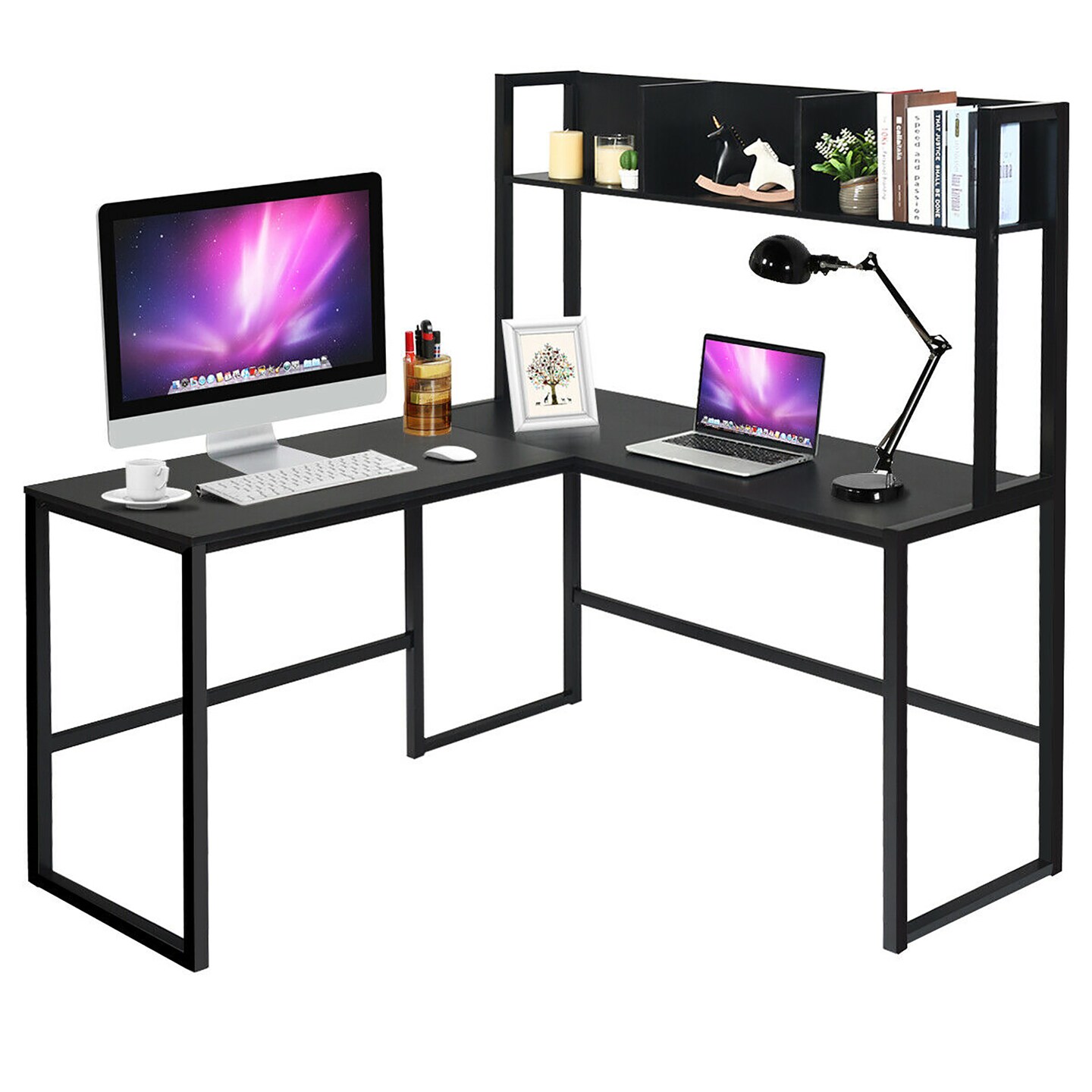 Costway 55&#x27;&#x27; L-Shaped Desk Corner Computer Desk w/Hutch Black