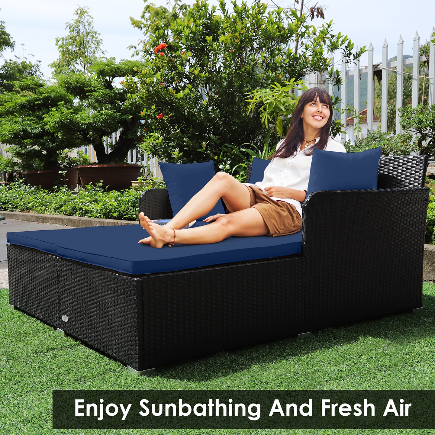 Costway Outdoor Patio Rattan Daybed Pillows Cushioned Sofa Furniture Beige/Turquoise/Red/Black