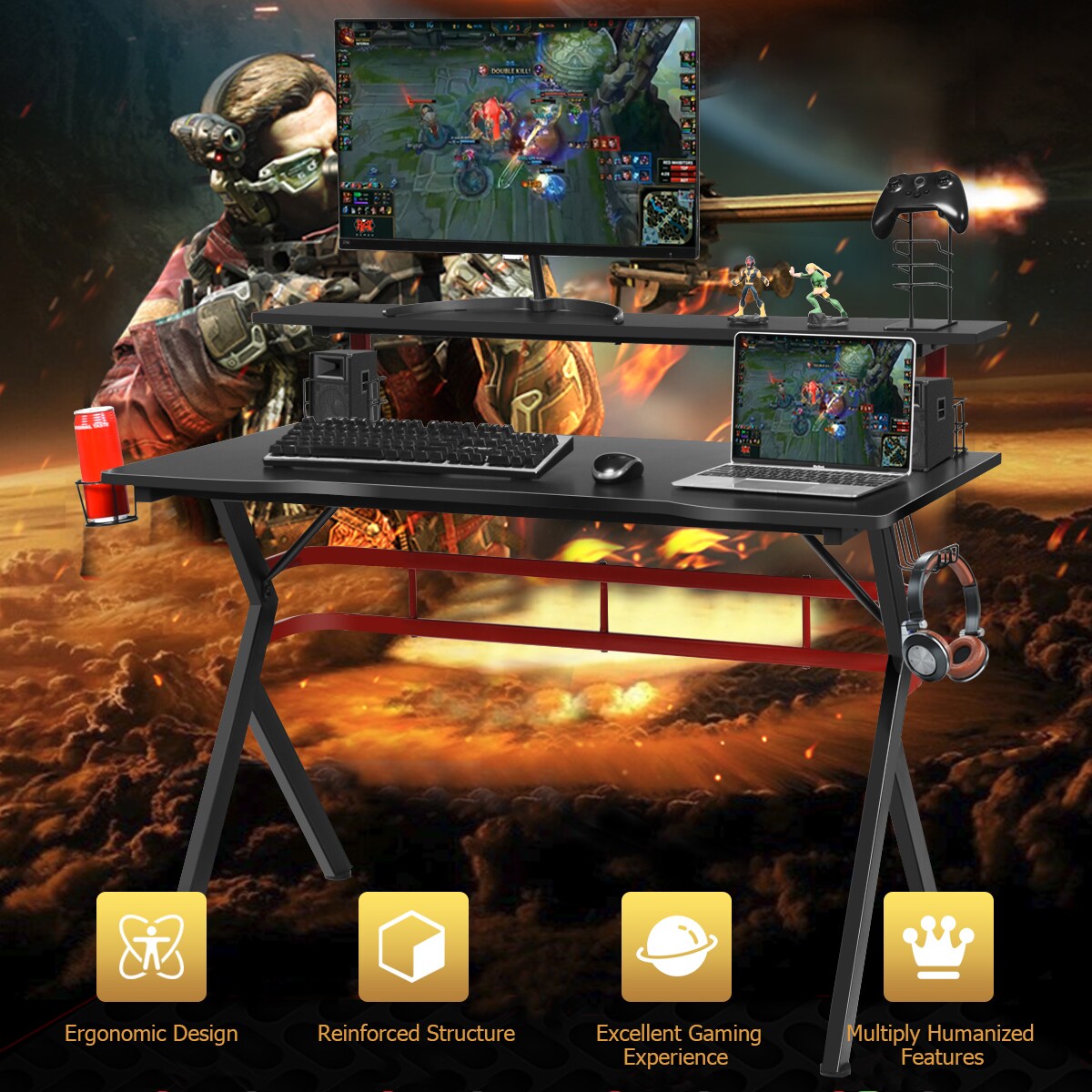 Costway Gaming Computer Desk w/ Monitor Shelf &#x26; Storage for Controller Headphone Speaker