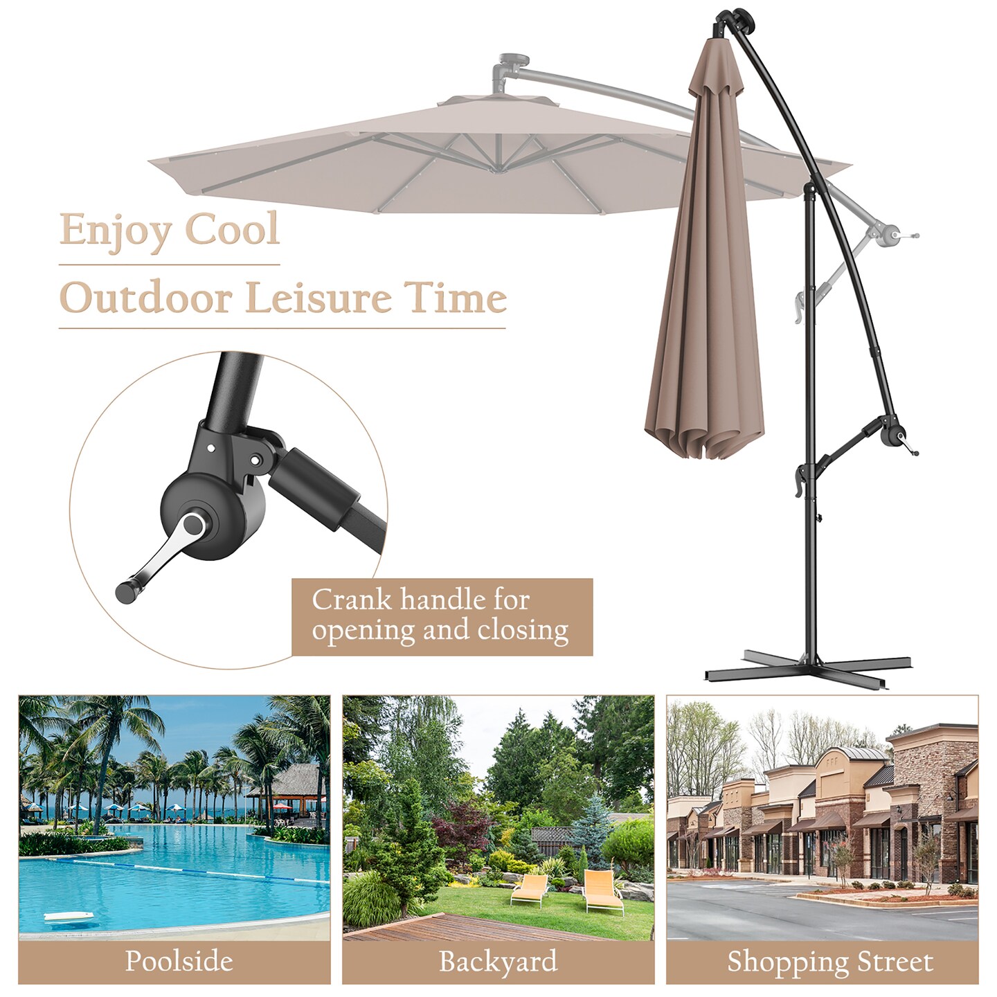 Costway 10' Hanging Solar LED Umbrella Patio Garden Sun Shade Offset Market W/Base Tan