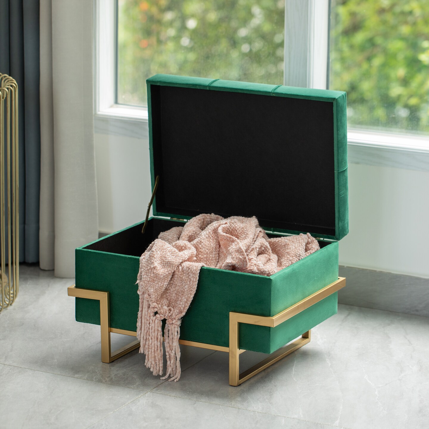 Rectangle Velvet Storage Ottoman Stool Box with Abstract Golden Legs | Decorative Sitting Bench for Living Room Home Decor with Unique Base Support