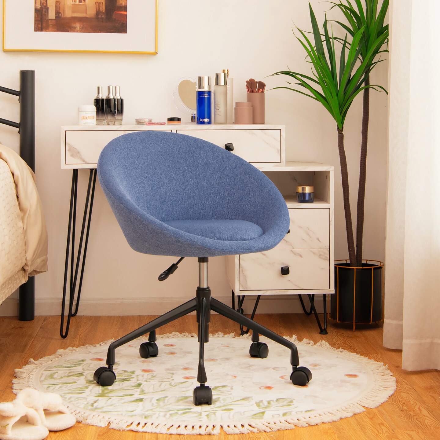 Costway Adjustable Swivel Accent Chair Linen Office Chair Round Back Vanity Chair Grey\Blue\Green
