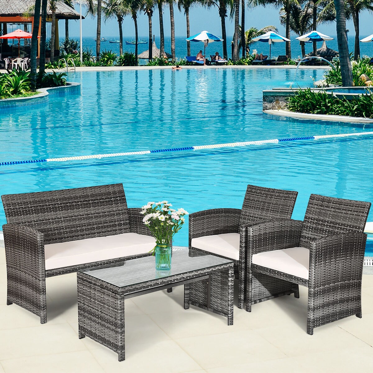 Costway 4PCS Patio Rattan Furniture Set Conversation Glass Table Top Cushioned Sofa White
