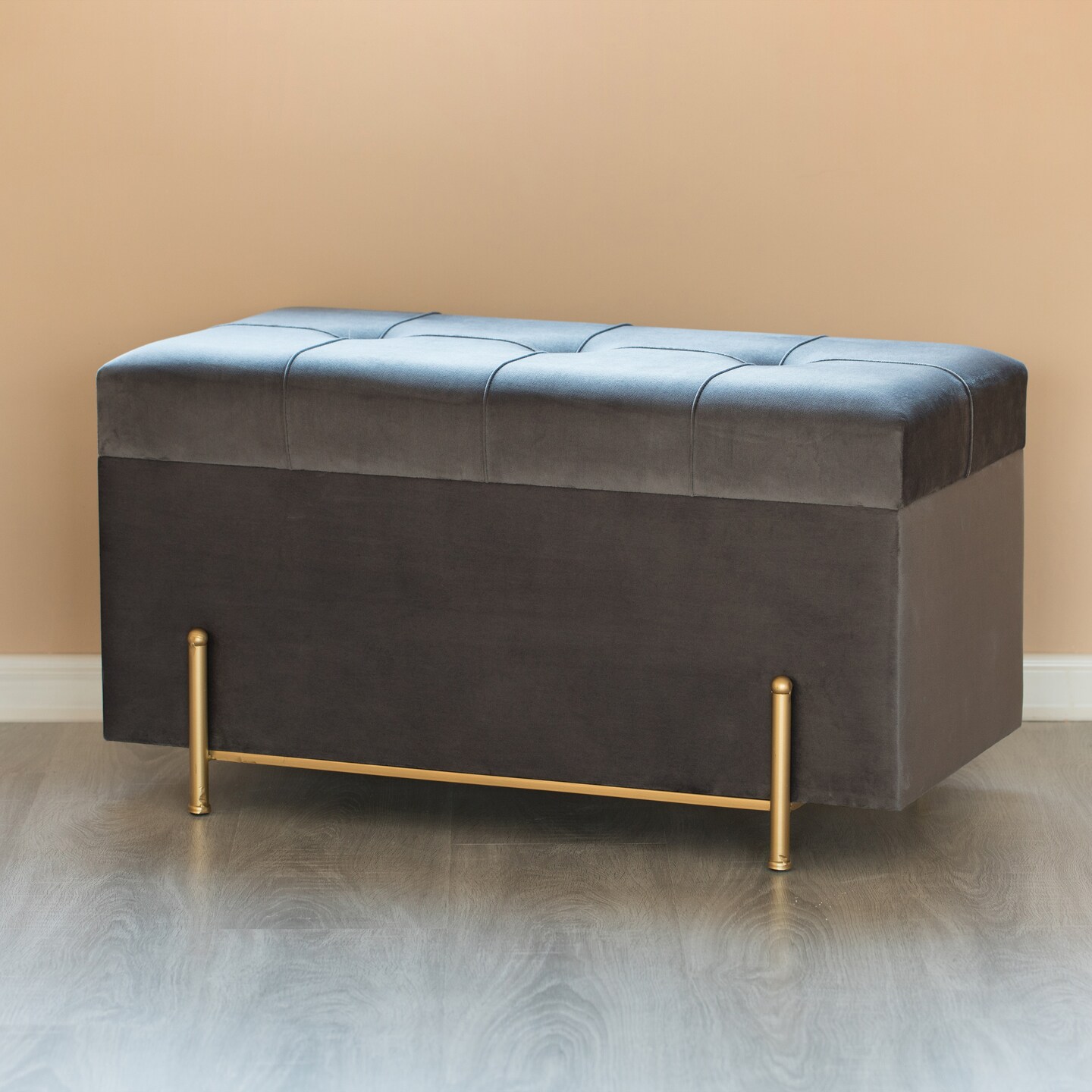 Large Rectangle Velvet Storage Ottoman Stool Box with Golden Legs | Decorative Sitting Bench for Living Room Home Decor with Cylindrical Golden Support