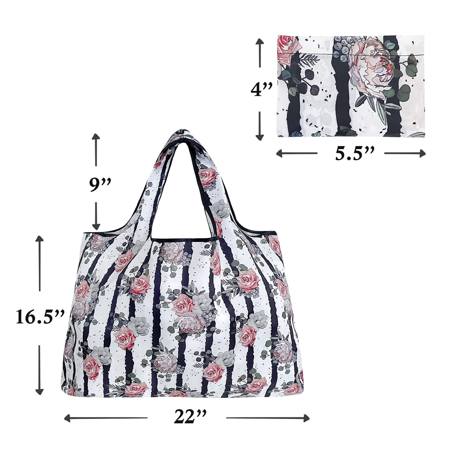 Large Foldable Tote Nylon Reusable Grocery Bags, Rose & Stripes