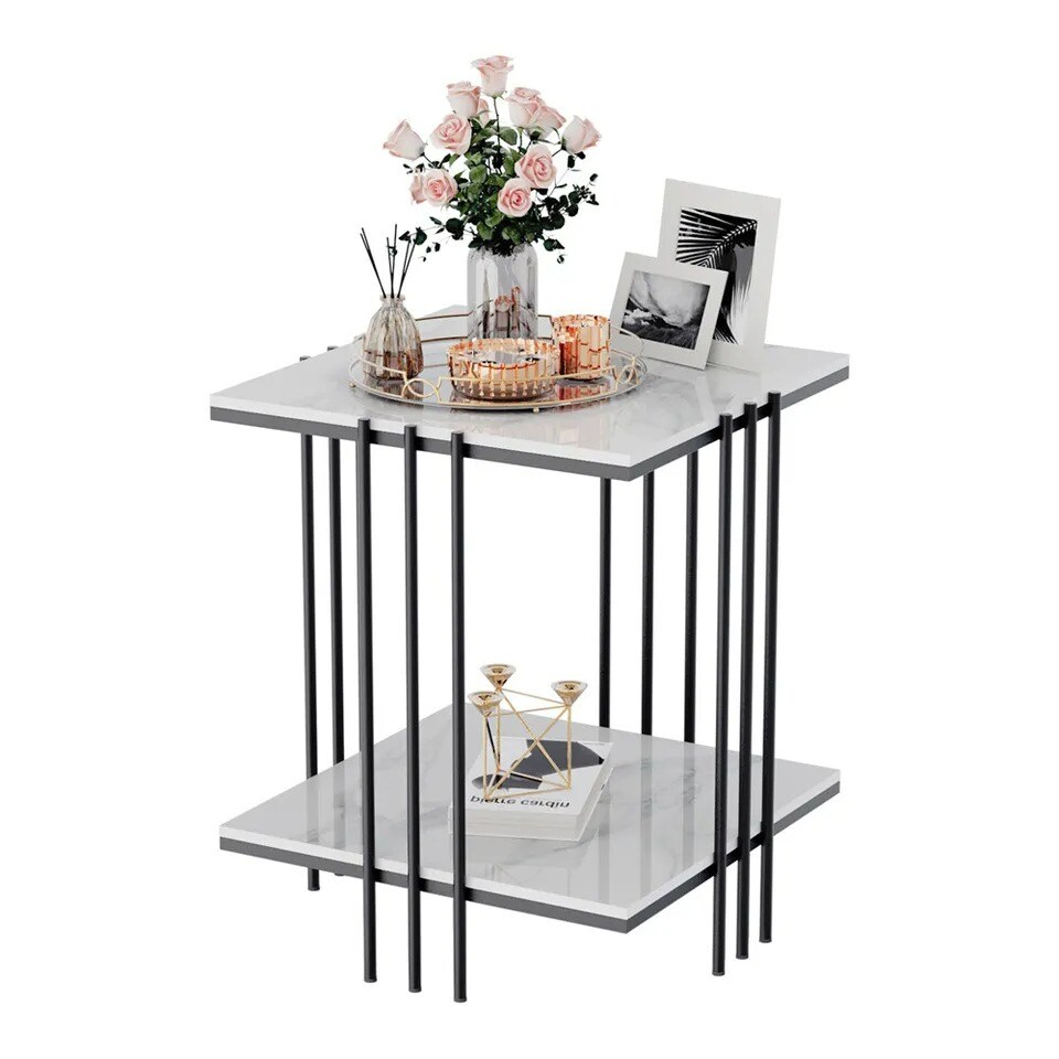 Modern Glam Marble Square Accent Side Table 2-Tier Coffee Table w/ Storage Shelf
