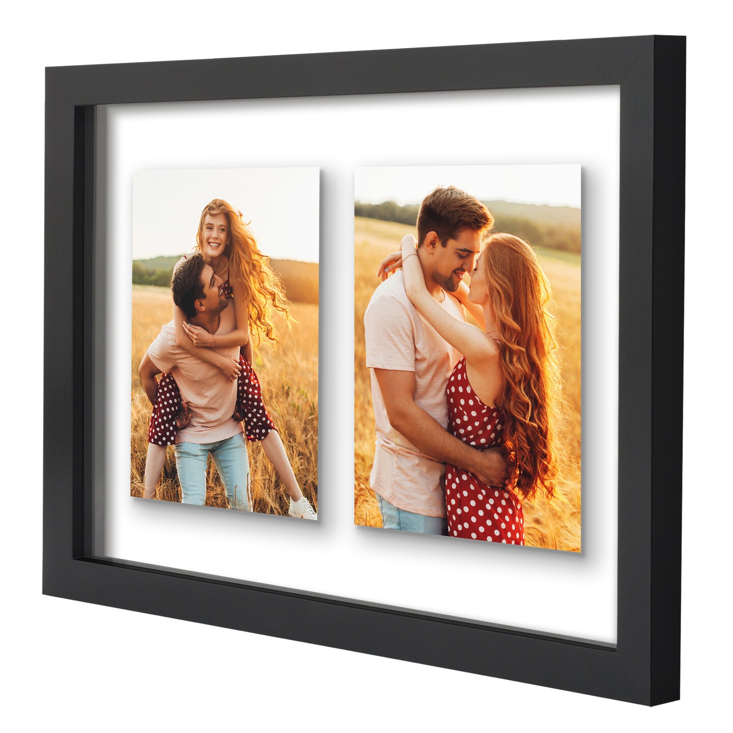 Americanflat Floating Collage Frame - Displays Two Photos with Floating Effect - Shatter Resistant Glass - Hanging Hardware for Horizontal or Verticle Display