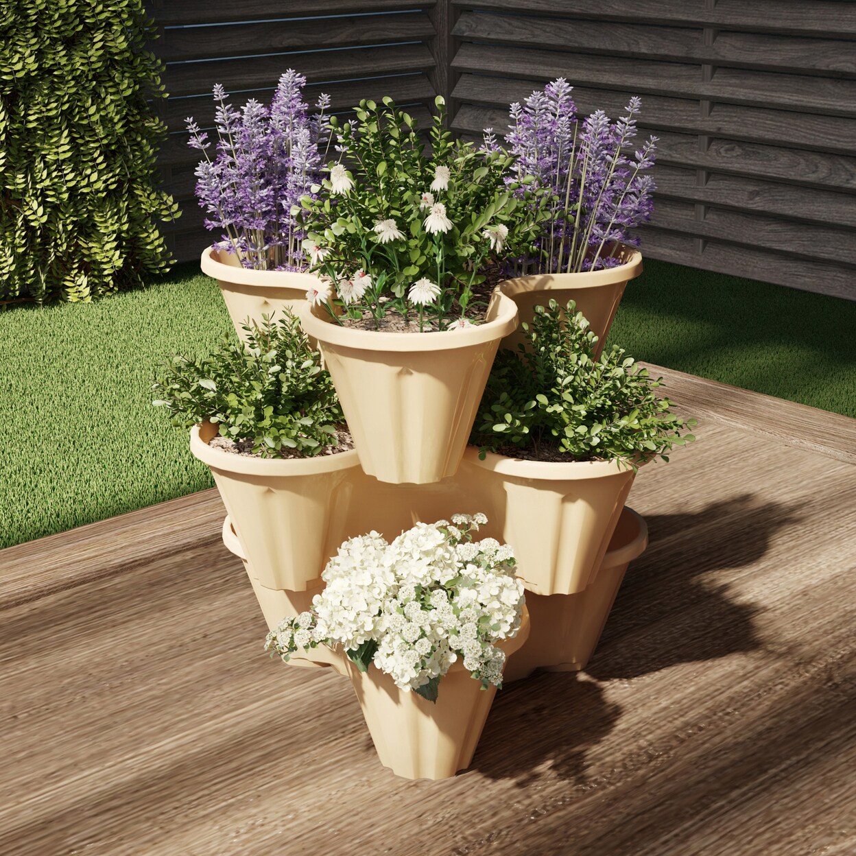 Sand Colored 3 Tier Vertical Plant Tower Stackable Planter Indoor Outdoor Pots