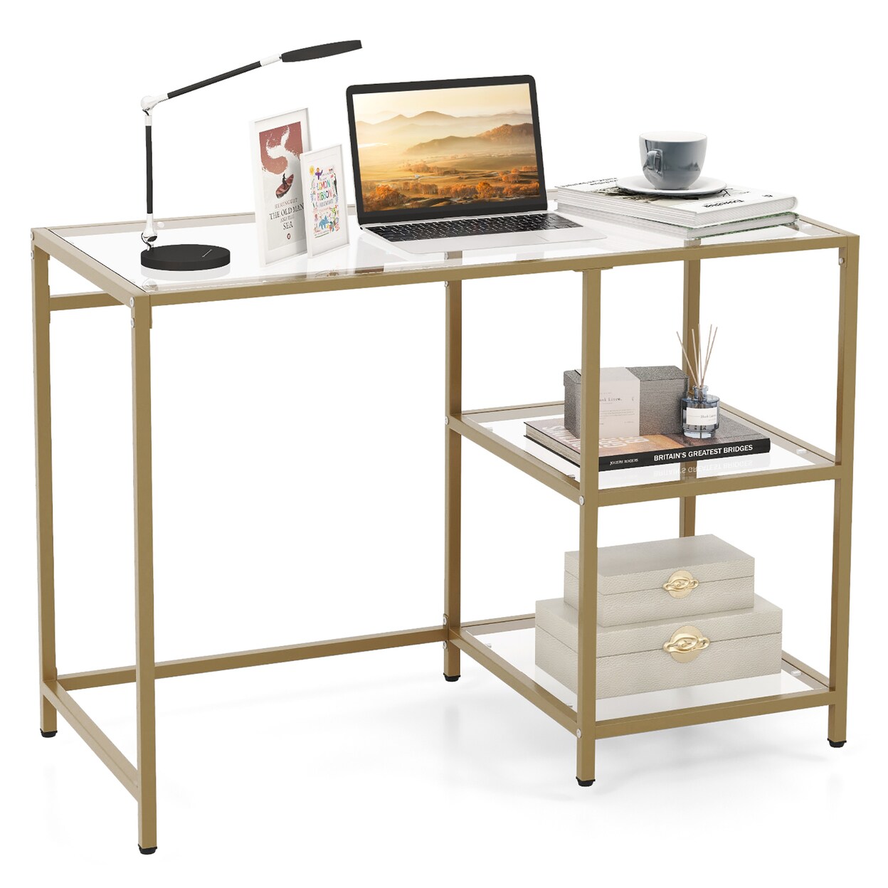 Computer Desk Tempered Glass Workstation Vanity Table W/ 2-Tier Storage Shelves