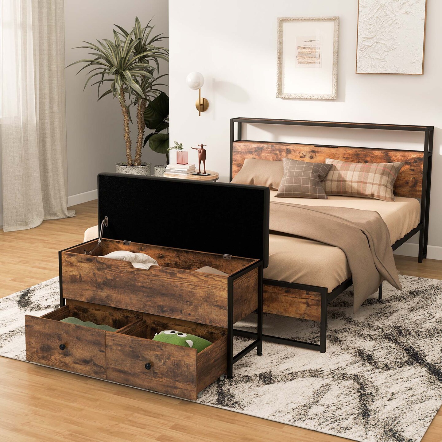 Costway Storage Ottoman Bench Flip Top Wooden Storage Chest with Cushion &#x26; 2 Drawers