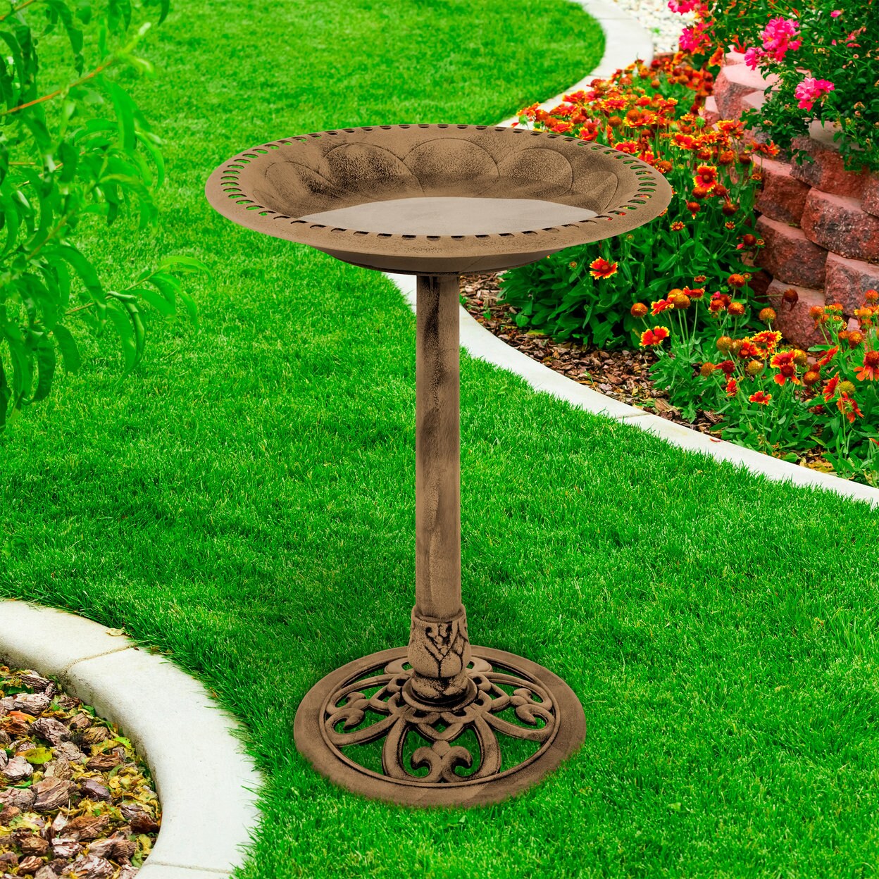 Faux Antiqued Bronze Resin Bird Bath Garden Decor Bird Watching 28 Inch High