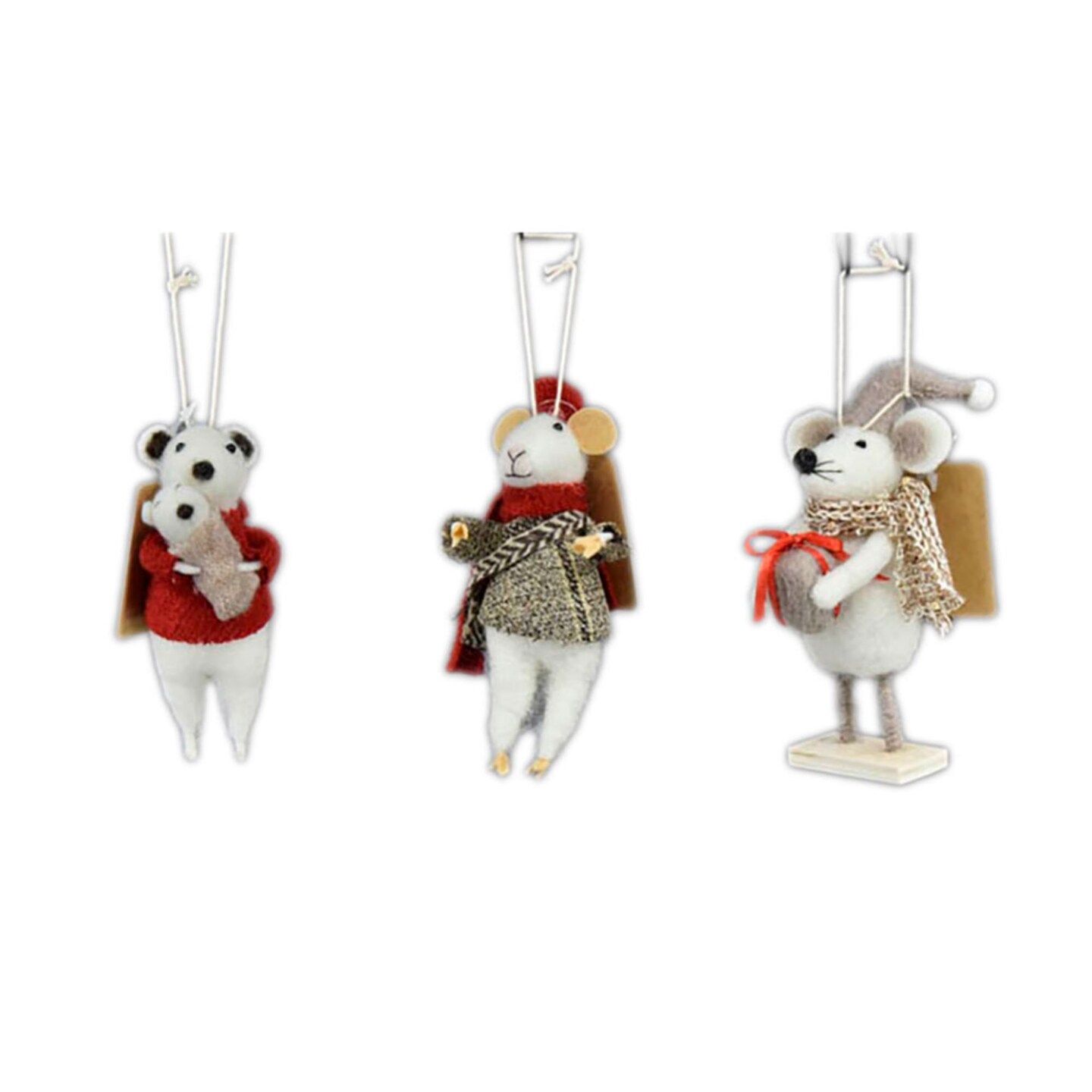 Galt International Standing Mouse Hanging Christmas Ornaments - 5.25&#x22; - Red and White - Set of 3