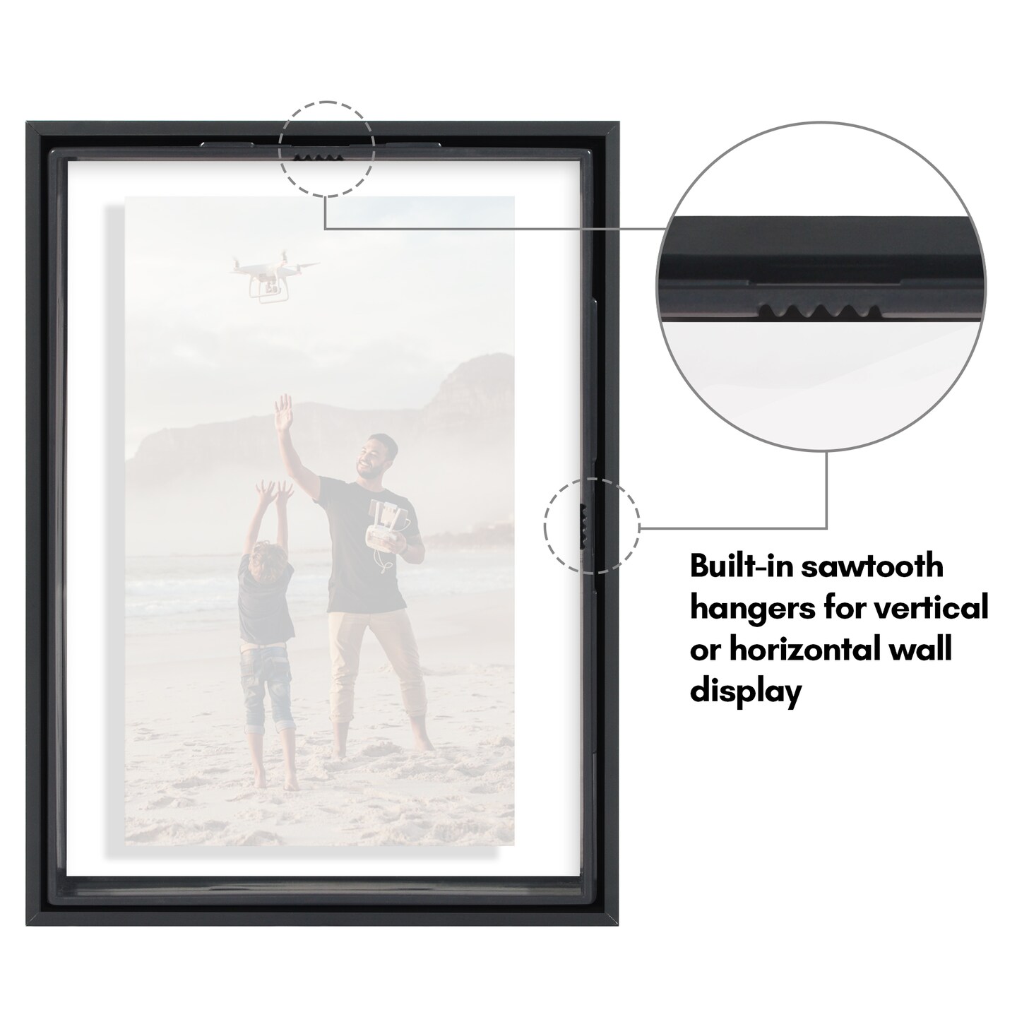 Americanflat Floating Aluminum Picture Frame - Sleek Aluminum Photo Frame for Wall Display - Black Metal Molded Frame - Shatter Resistant Glass - Hanging Hardware