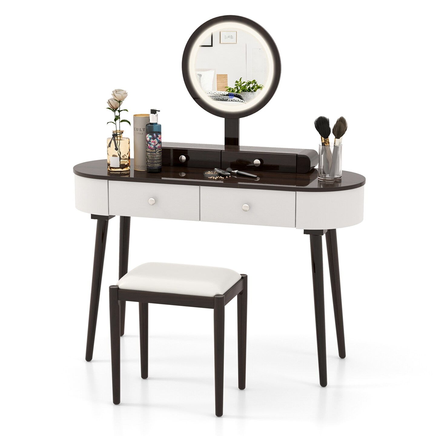 Costway Solid Wood Makeup Vanity Desk Set with LED Lighted Mirror Drawers Cushioned Stool White + Brown/Black + Brown/White + Black/White + Natural