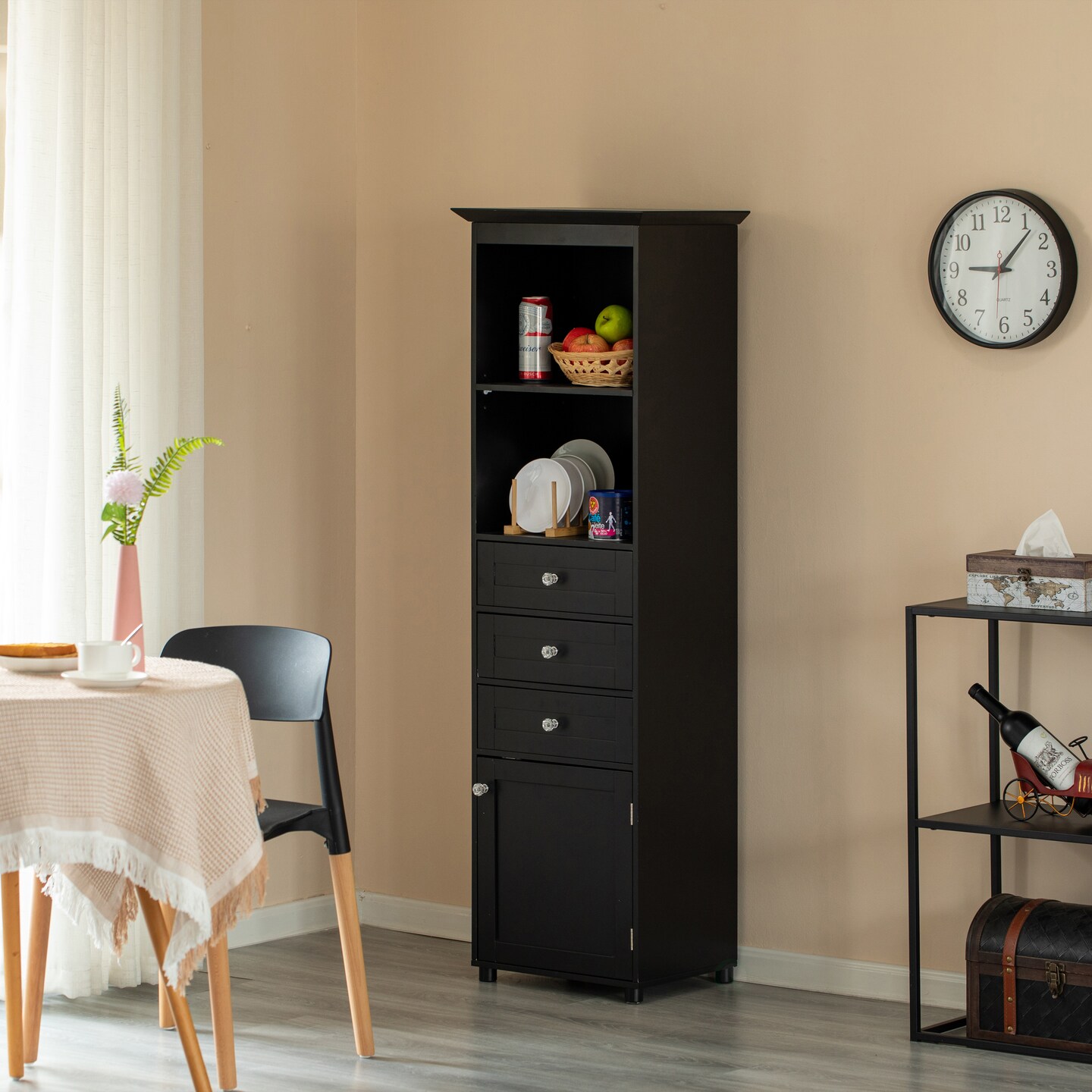 Tall Freestanding Storage Organizer Linen Tower, Vanity Closet, Bathroom Cabinet with 2 Open shelves, 3 Drawers, and a Closet