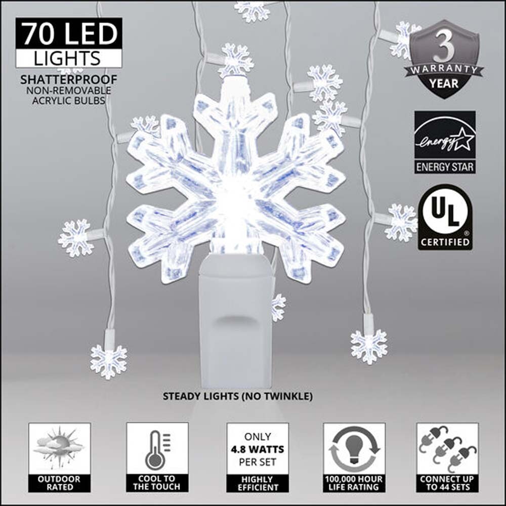 70 Cool White Snowflake LED Icicle Light Set with White Wire