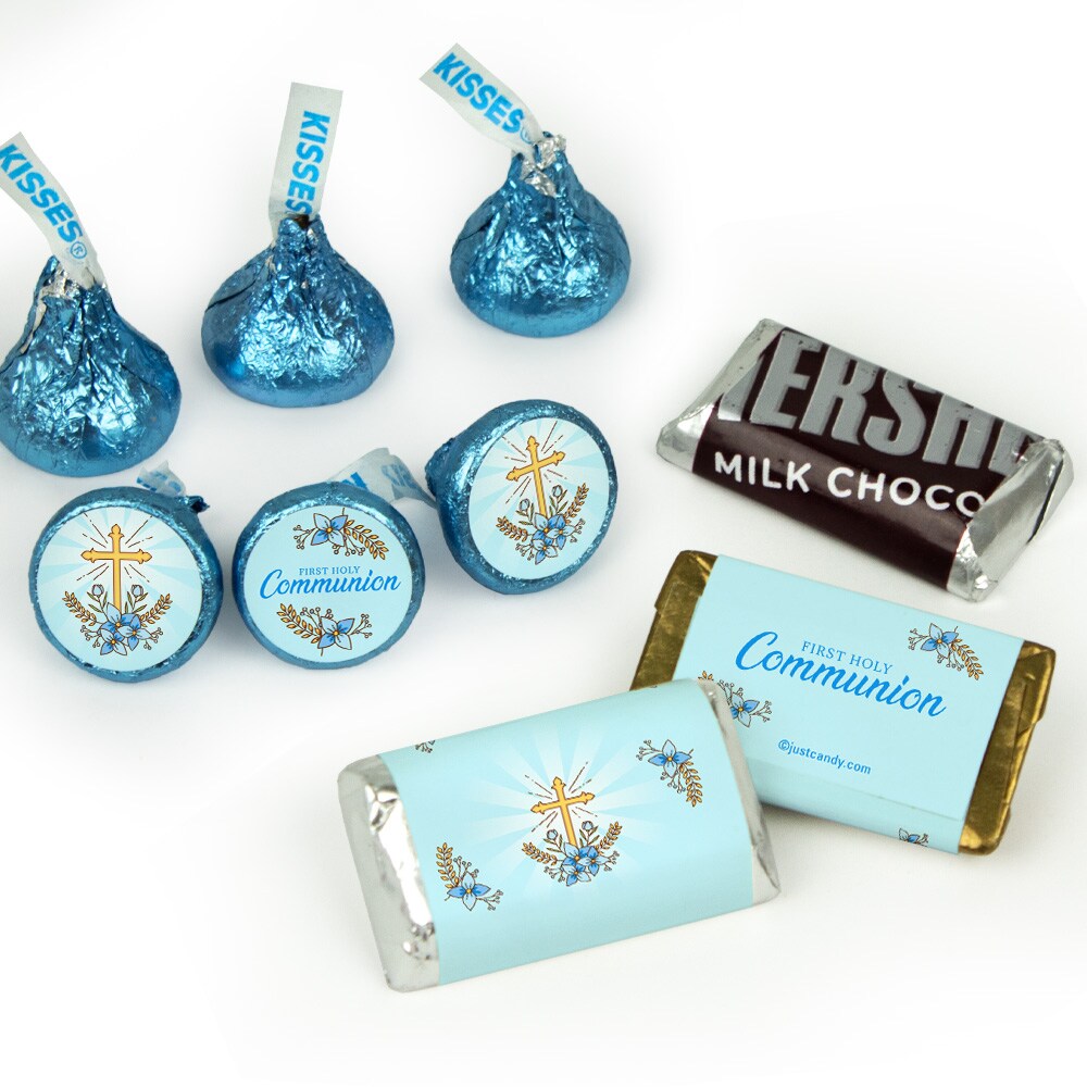Boy 1st Holy Communion Candy Party Favors (Choose 100 Pcs Milk Chocolate Hershey&#x27;s Kisses, 40 Pcs Wrapped Miniatures or Both) - Blue