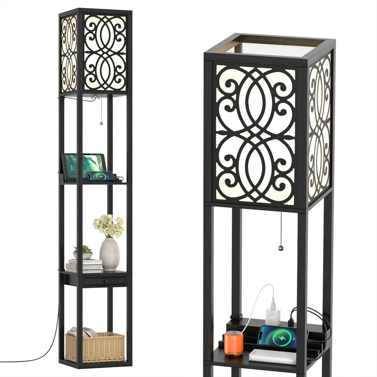 Modern Standing Shelf Floor Lamp W/ 1 Power Outlet And 2 Usb Ports For Living Room