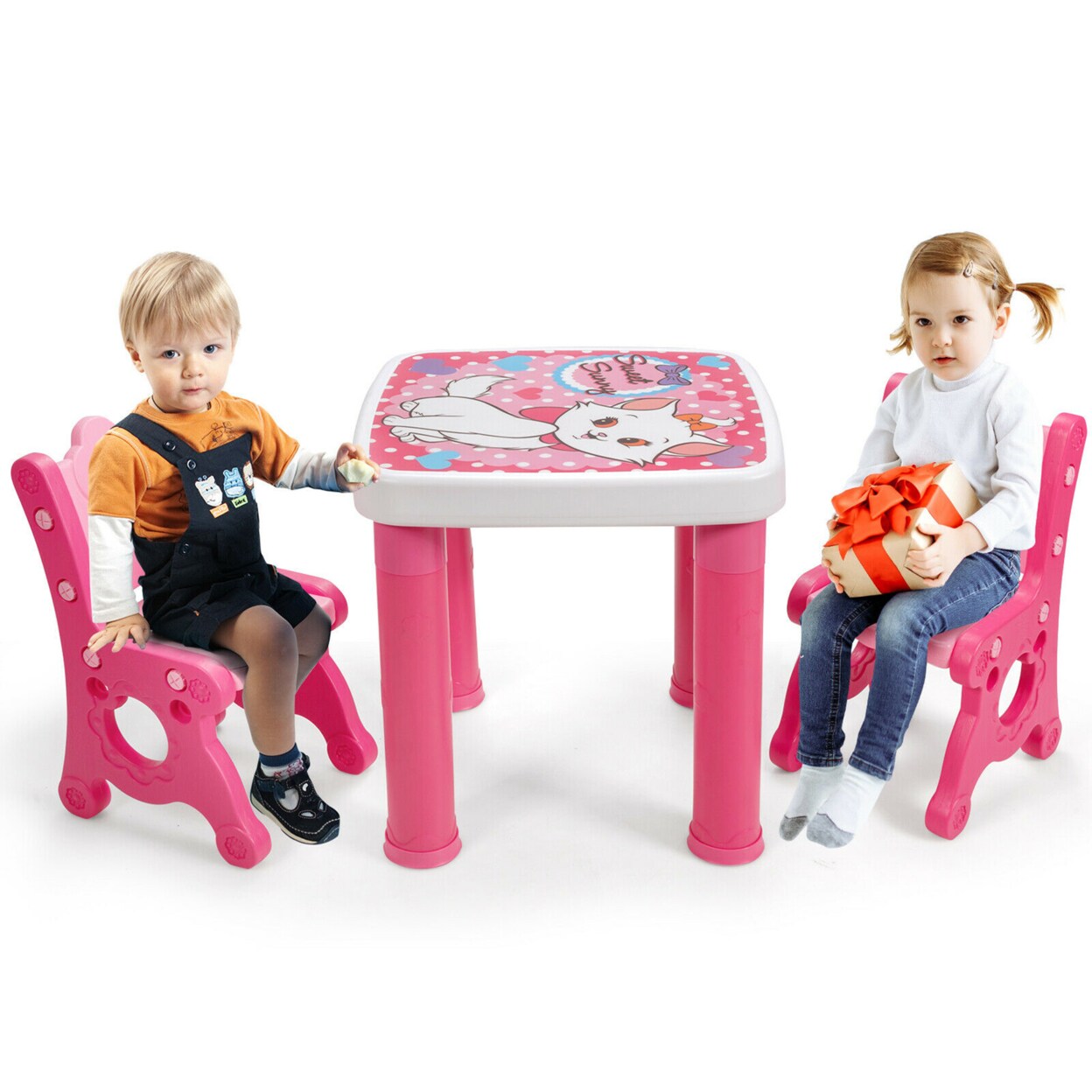 Gymax Kids Table & 2 Chairs Set Adjustable Activity Play Desk w/Storage Drawer
