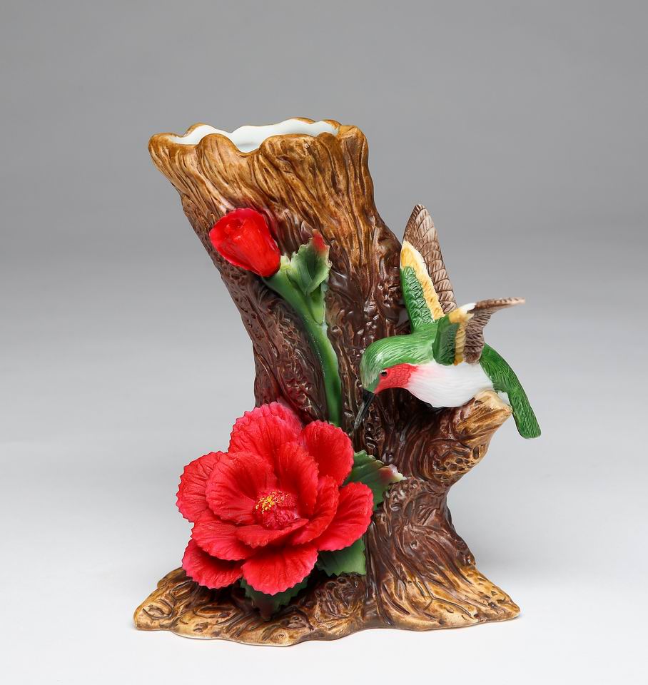 Ceramic Hummingbird with Hibiscus Flower Vase, Home D&#xE9;cor, Gift for Her, Gift for Mom, Birdwatcher Gift, Vintage Decor