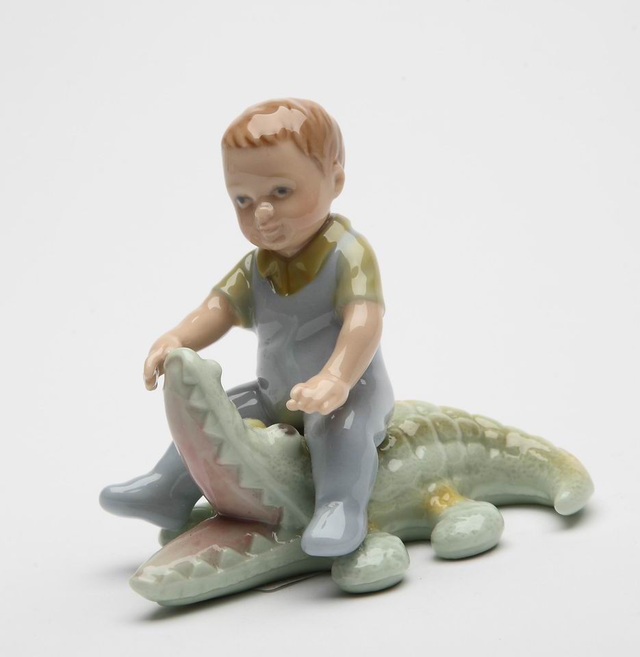 Ceramic Boy With Alligator Figurine, Nursery Room Decor, Baby Shower Gift, Home Decor