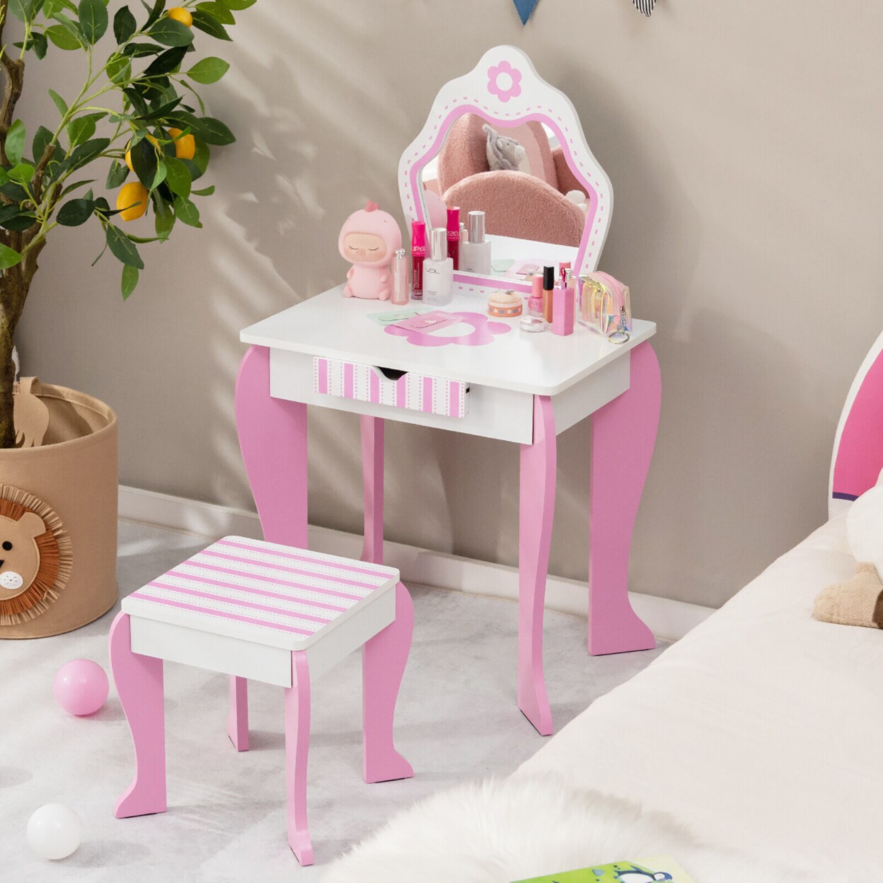 Kid Vanity Set Wooden Makeup Table Stool W Mirror Flower Print Pink And White Michaels