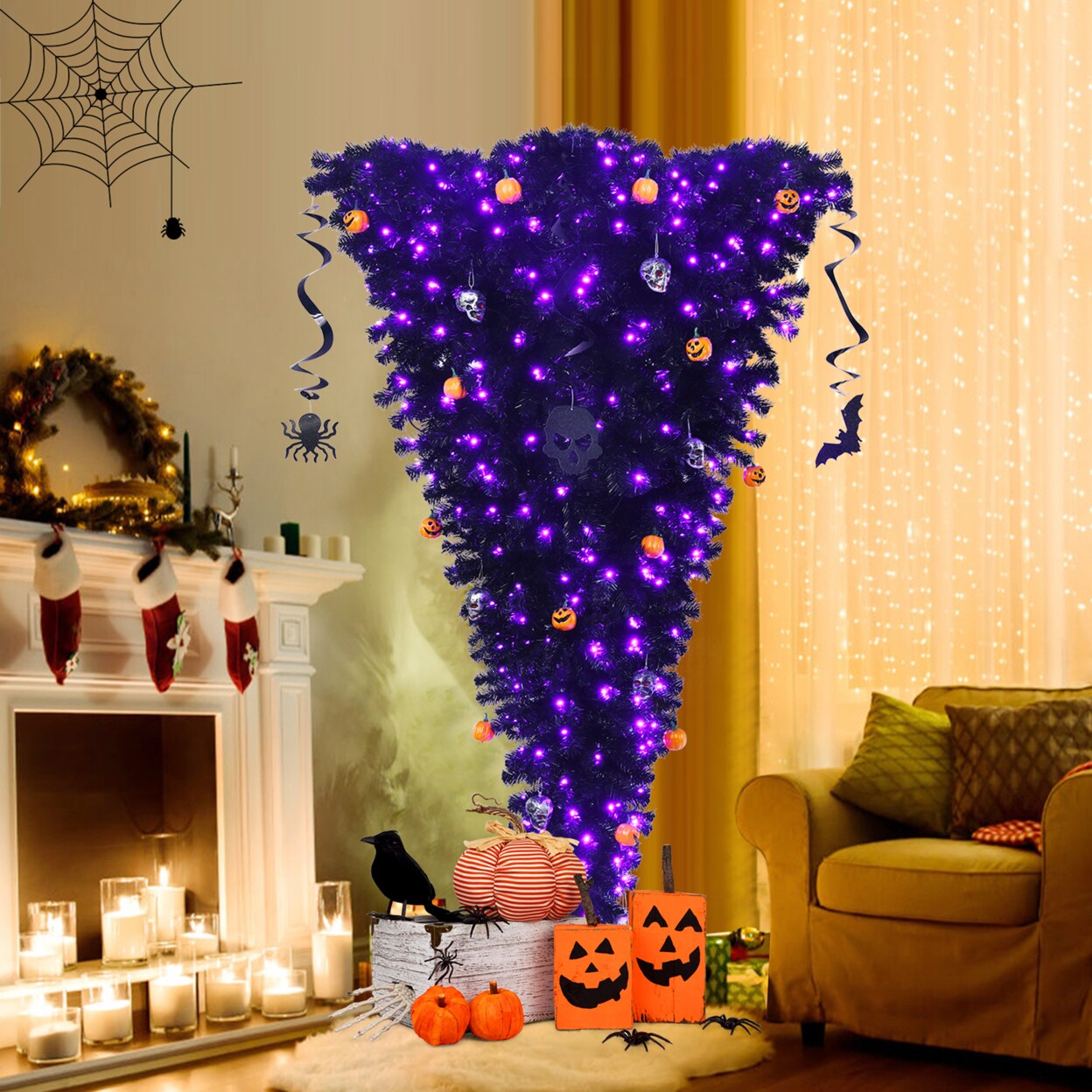 Gymax 6FT Pre-lit Upside Down Black Halloween Tree Artificial Christmas