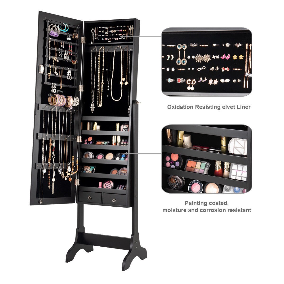 Jewelry Organizer Vanity Box W/ Full Length Mirror Black/ White