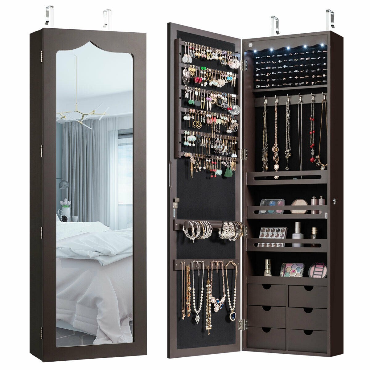 Lockable Wall Door Mounted Jewelry Cabinet Led Mirror Brown