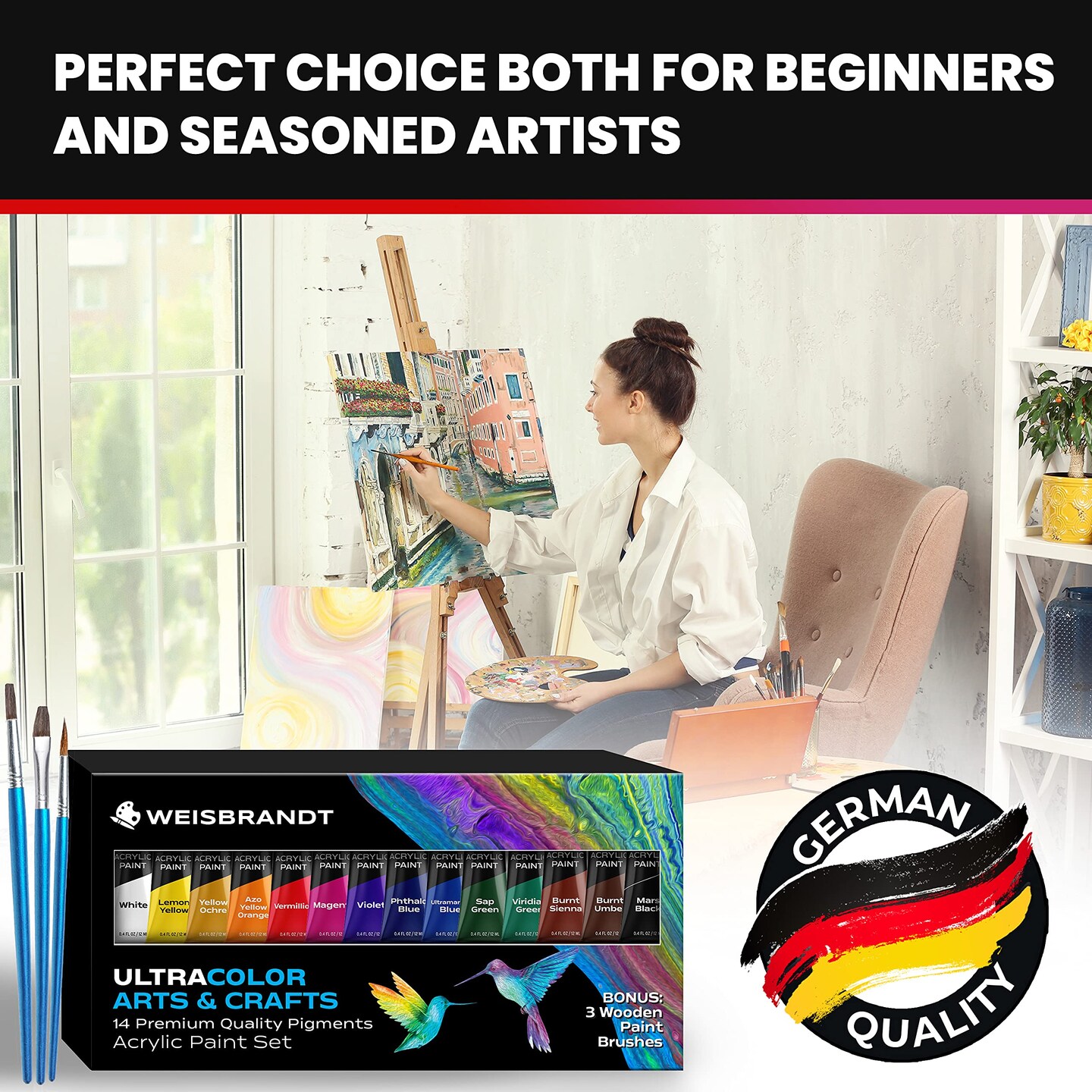 14 Colors, Ultra Color Arts &#x26; Crafts Acrylic Paints,  Premium Quality Pigments, Matte Finish, 0.4oz/12 ml, Water-Based Acrylic Paint Set, for all Porous Surfaces
