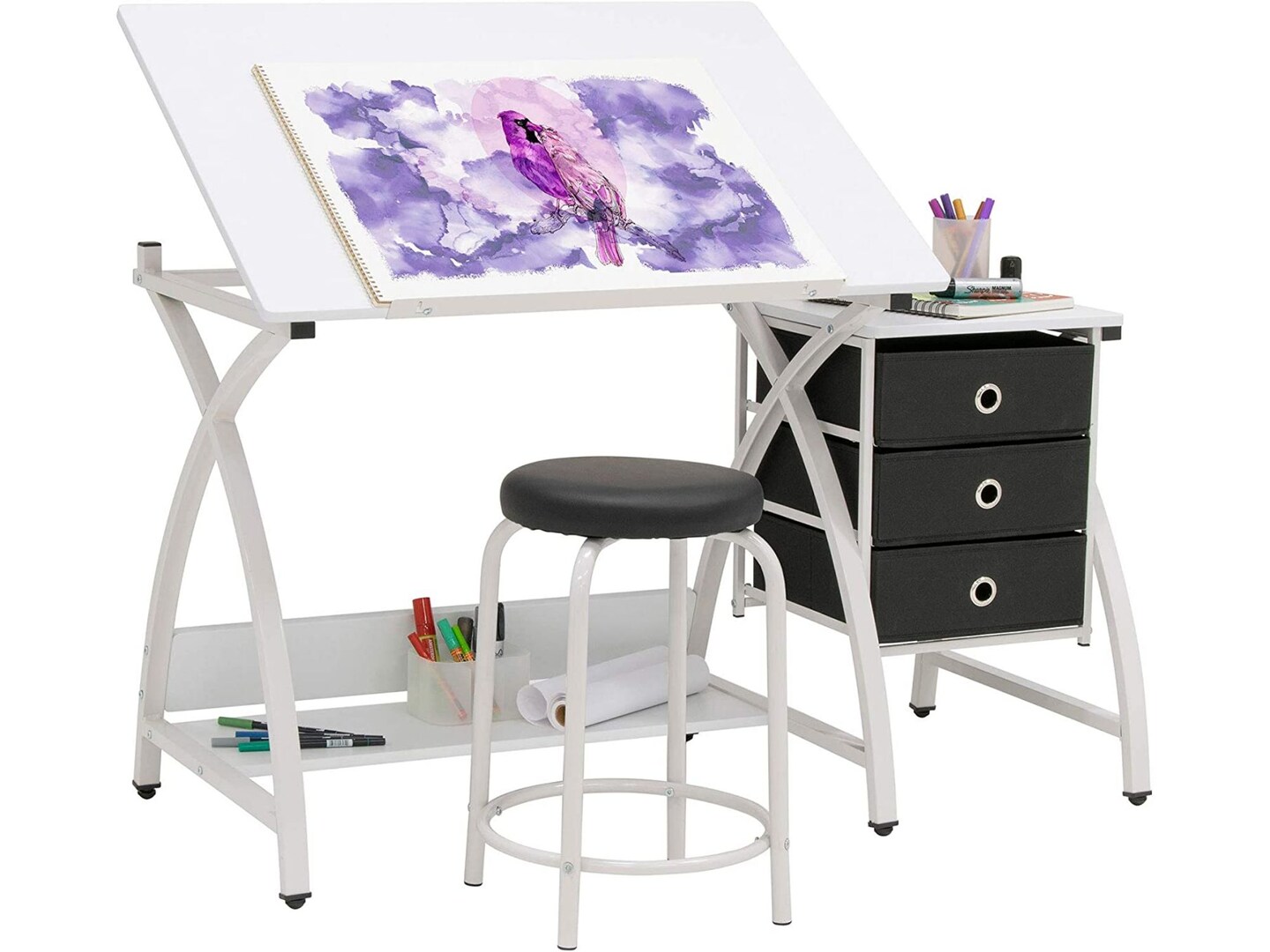 SD STUDIO DESIGNS 2 Piece Venus Craft Table with Angle Adjustable Top and Stool - White/White