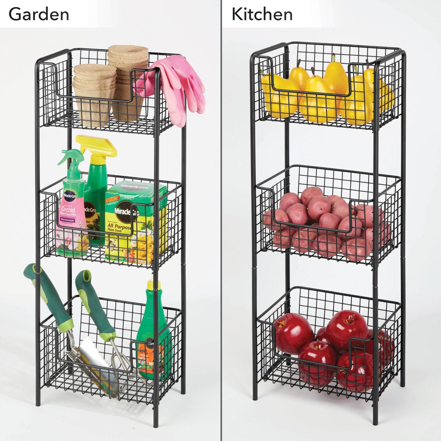 mDesign Steel Freestanding 3-Tier Storage Organizer Tower with Baskets