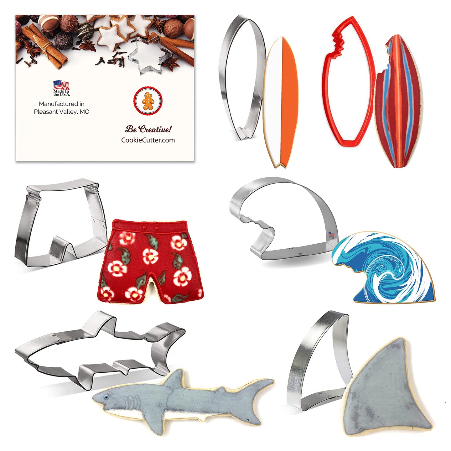 CookieCutter.Com - Surfs Up Cookie Cutter 6 Pc Set &#x2013; 5.75 in Shark, 3.5 in Shark Fin, 5 in Surfboard, 5 in Surfboard with Bite, 3.5 in Swimming Trunks, 4.25 in Wave