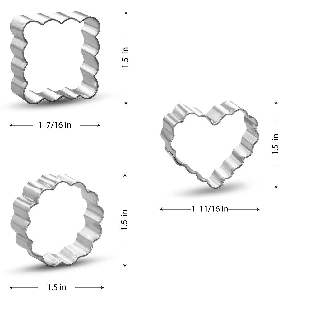 CookieCutter.com Mini Fluted Heart Round Square Cookie Cutter 3 Pc Set HS0468 - USA Made