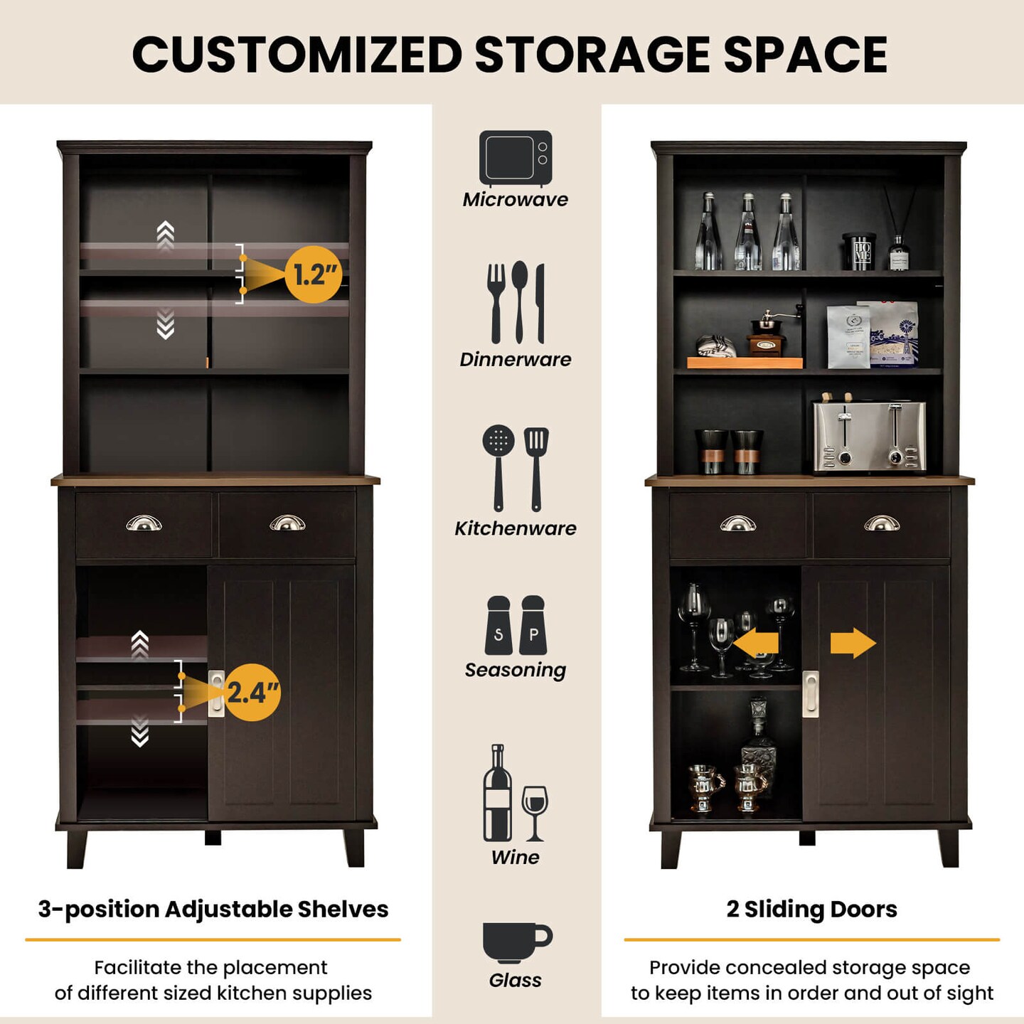 Freestanding Kitchen Pantry Cabinet with Sliding Doors