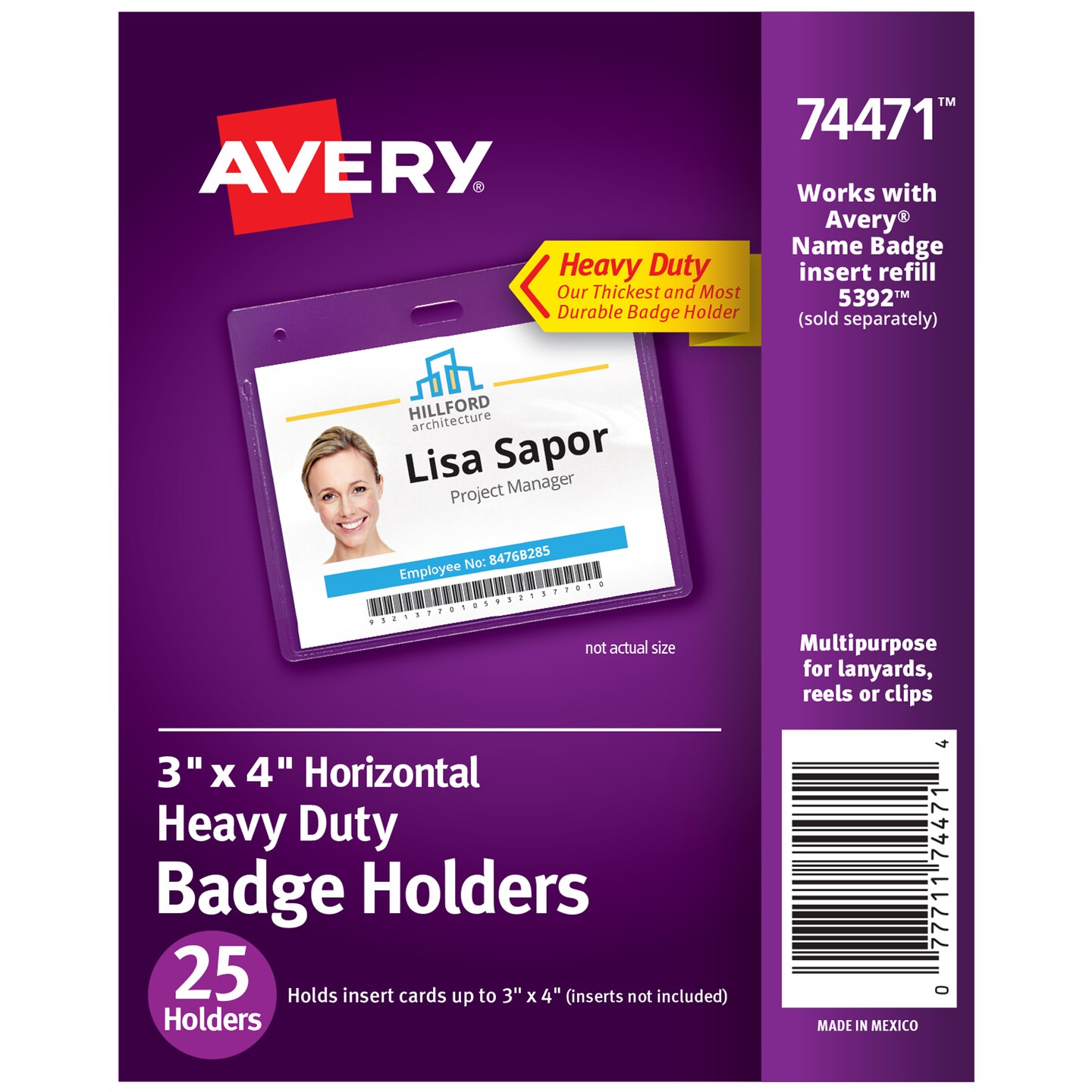 Avery Heavy Duty Badge Holders, 3&#x22; x 4&#x22;, 25 Horizontal ID Badge Holders (74471)
