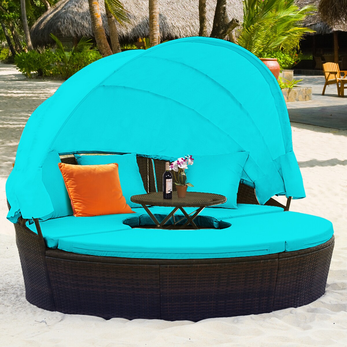 Patio Round Daybed Rattan Furniture Sets with Canopy