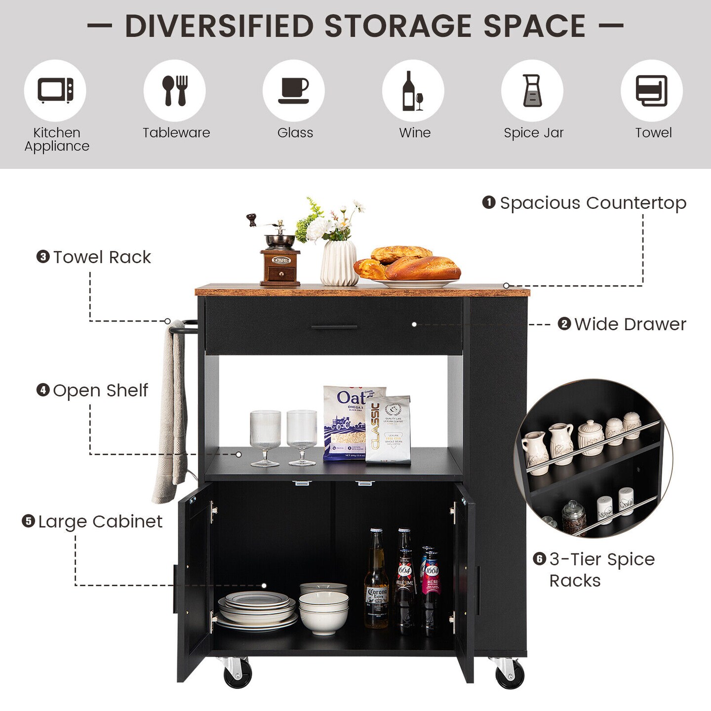 Kitchen Island Cart Rolling Storage Cabinet with Drawer and Spice Rack Shelf